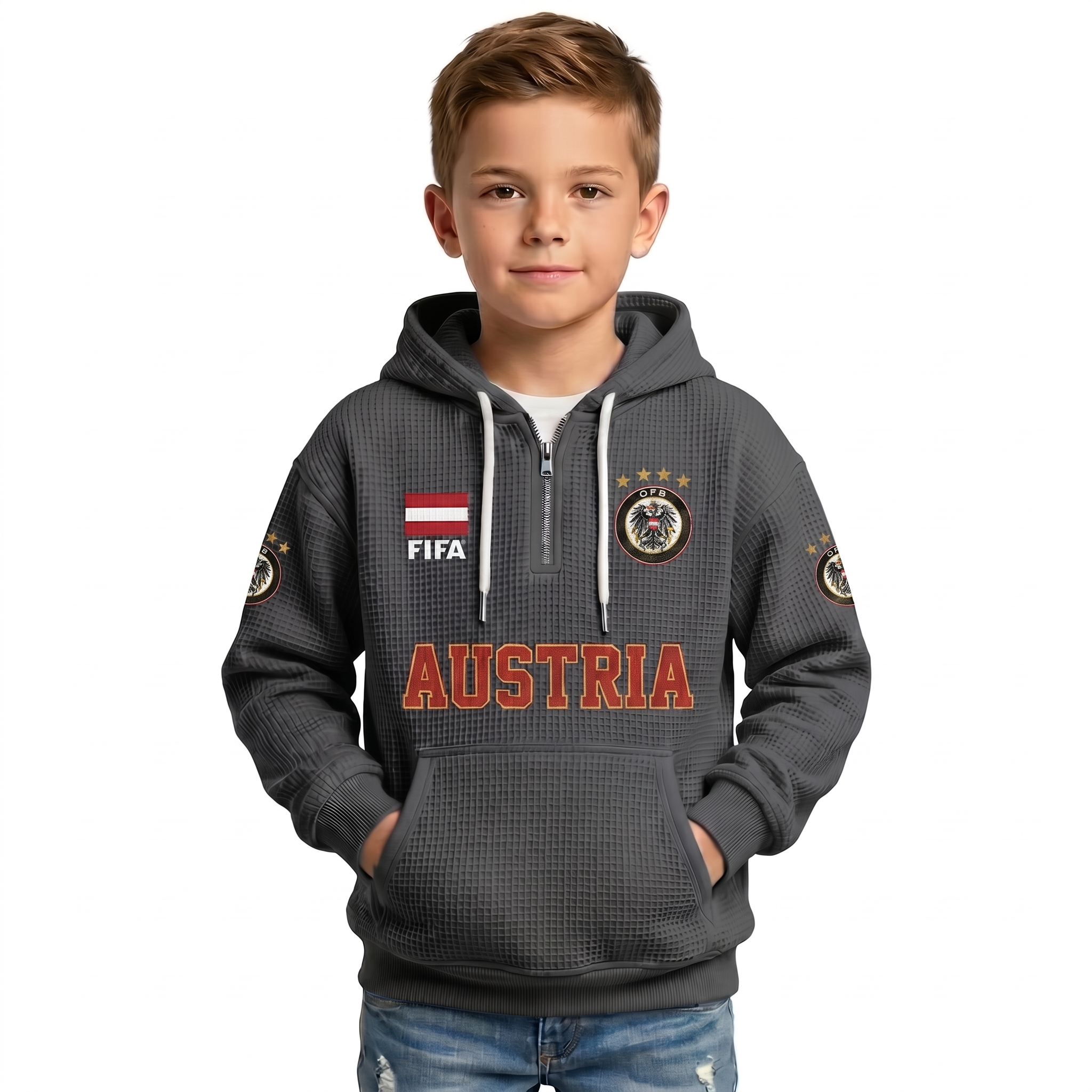 FIFA 2026 Austria Printed Waffle Quarter Zip Football Fan Hoodie For Kids