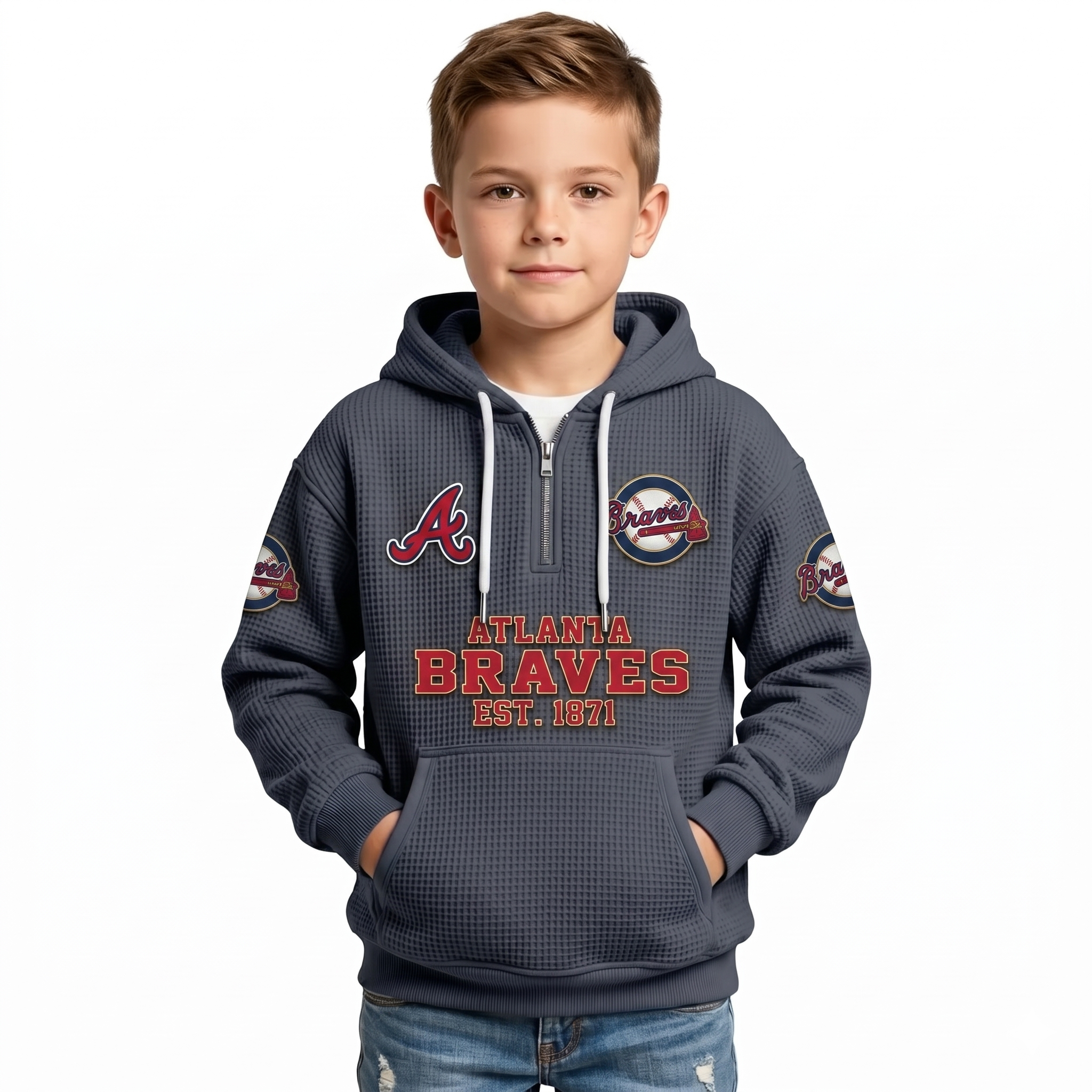Atlanta Braves EST 1871 Printed Waffle Quarter Zip Baseball Fan Hoodie For Kids