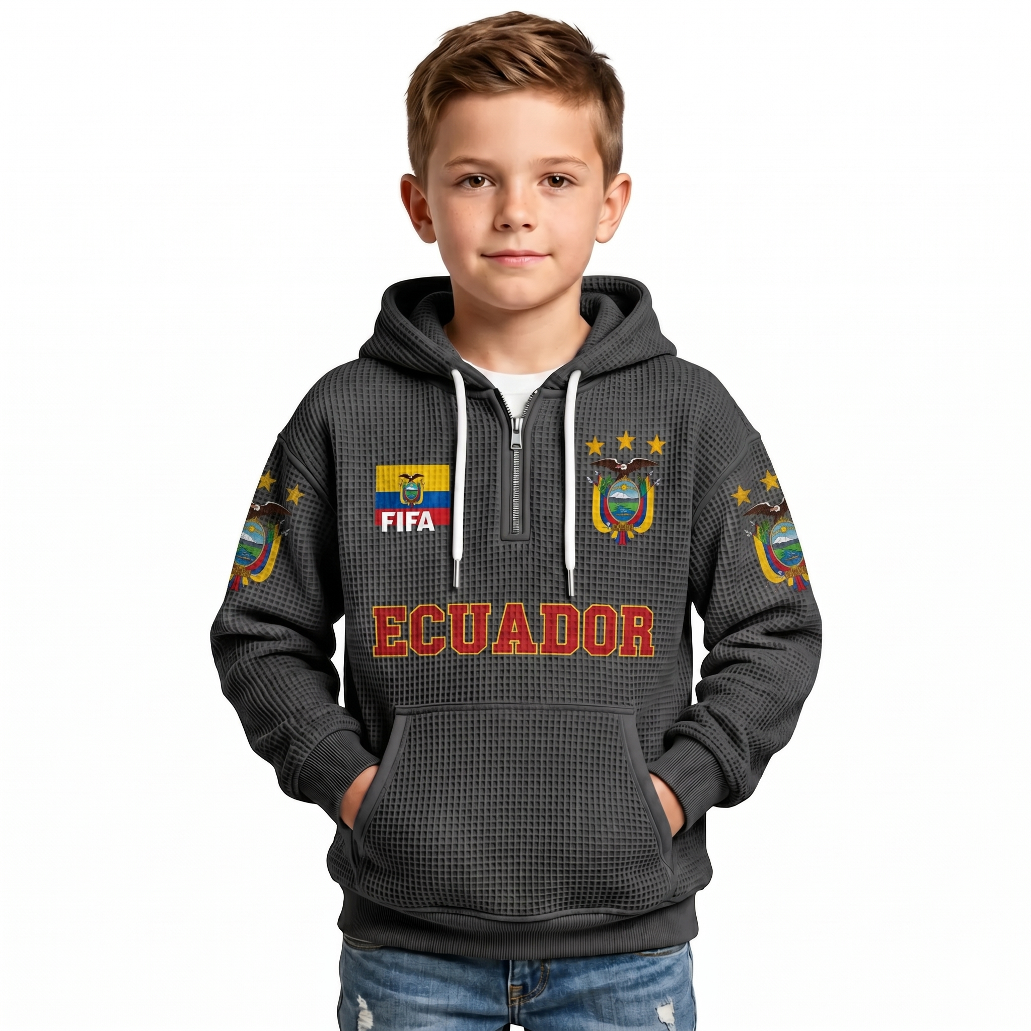 FIFA 2026 Ecuador Printed Waffle Quarter Zip Football Fan Hoodie For Kids