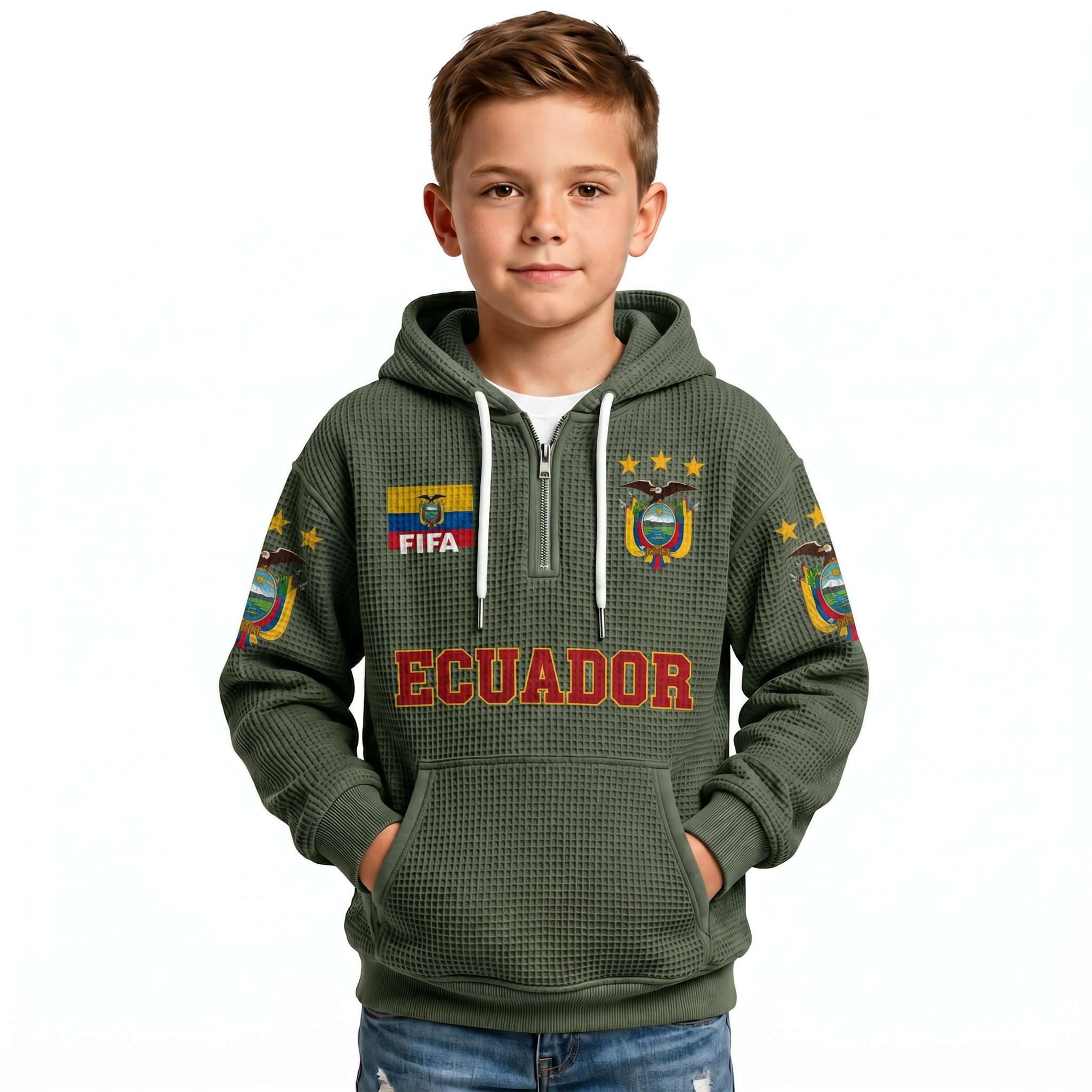 FIFA 2026 Ecuador Printed Waffle Quarter Zip Football Fan Hoodie For Kids