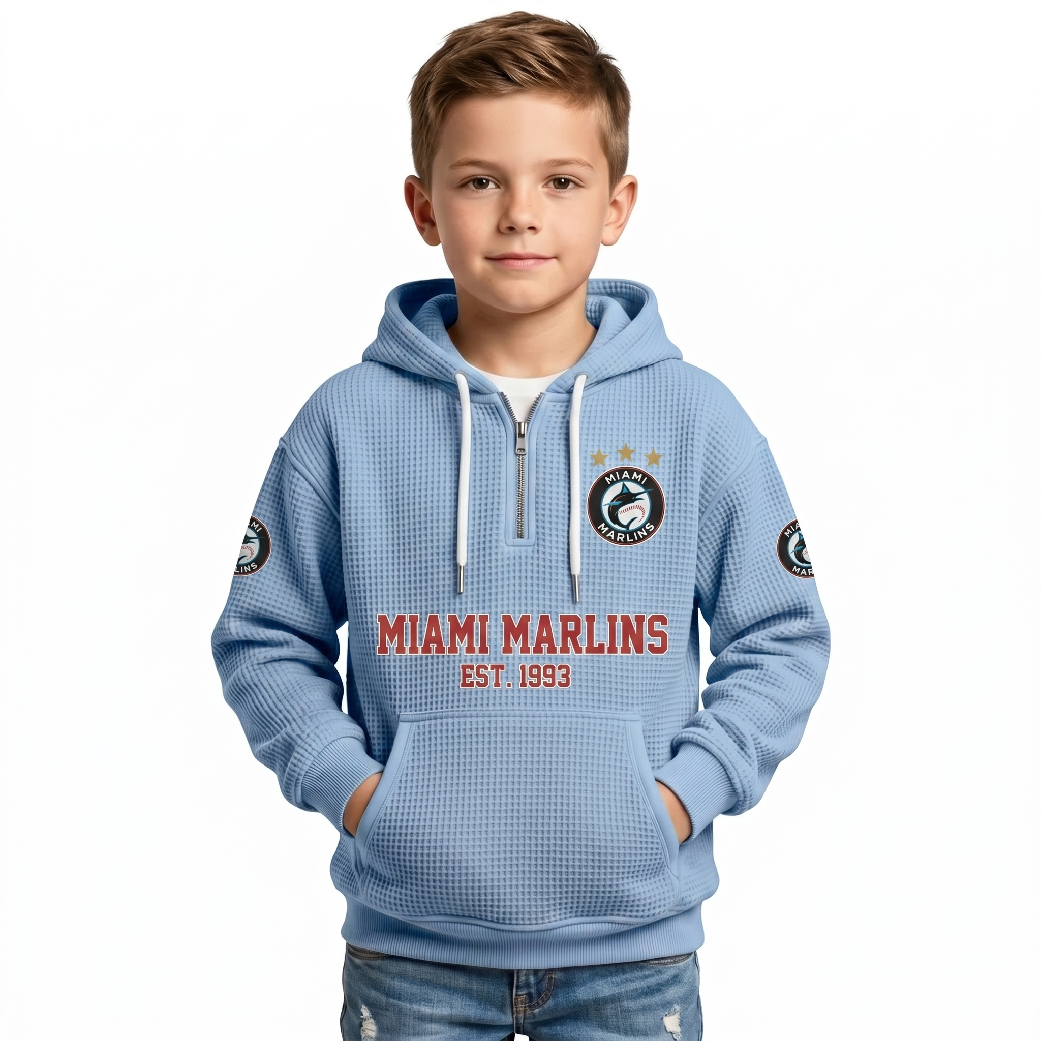 Miami Marlins EST 1993 Printed Waffle Quarter Zip Baseball Fan Hoodie For Kids
