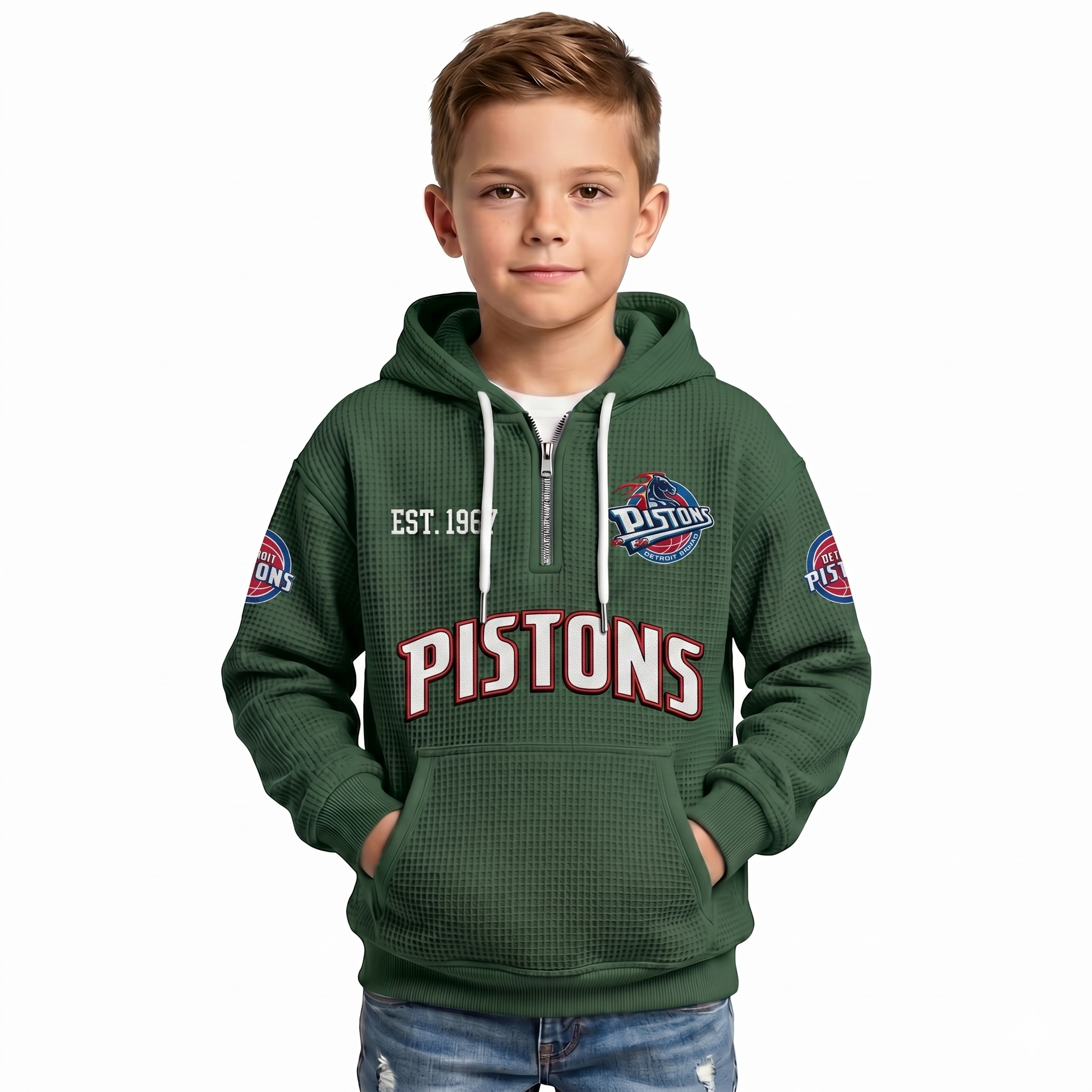 Detroit Pistons EST 1957 Printed Waffle Quarter Zip Basketball Fan Hoodie For Kids