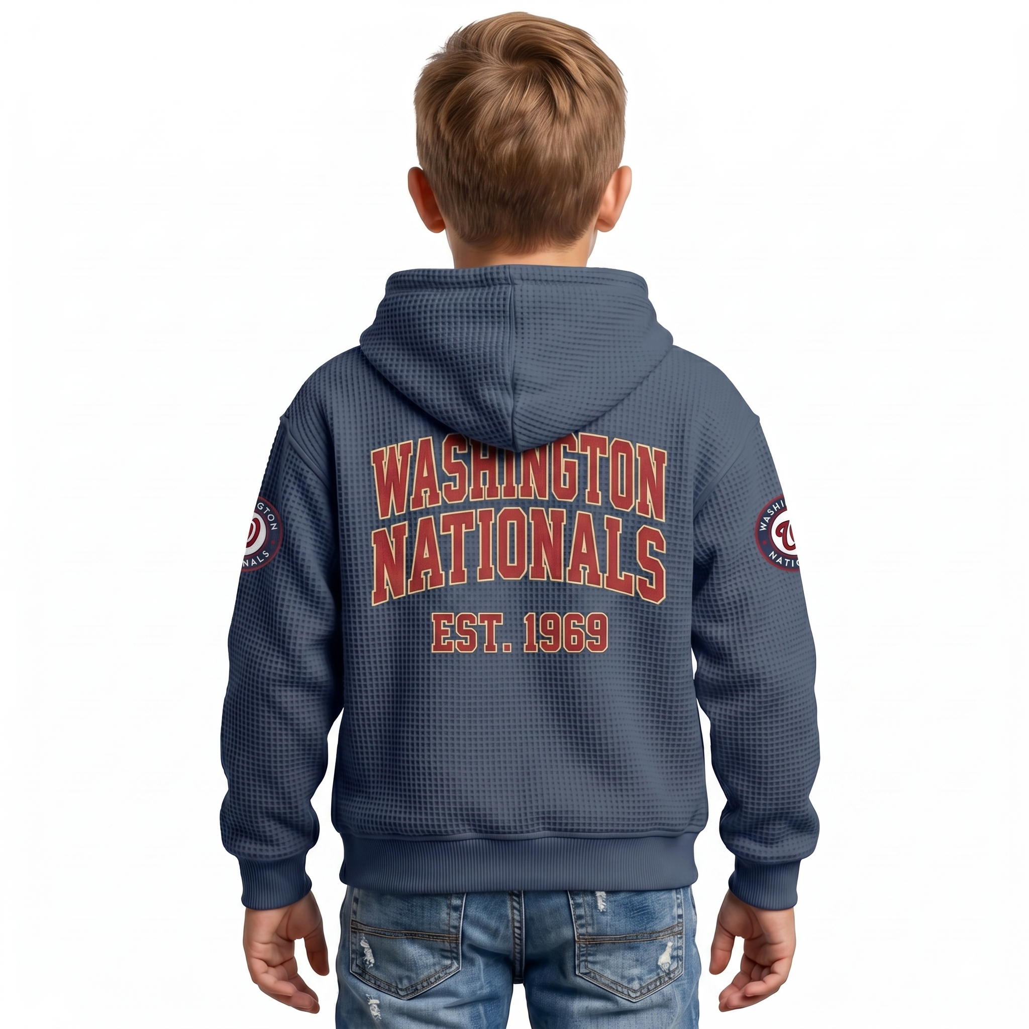 Washington Nationals EST 1969 Printed Waffle Quarter Zip Baseball Fan Hoodie For Kids