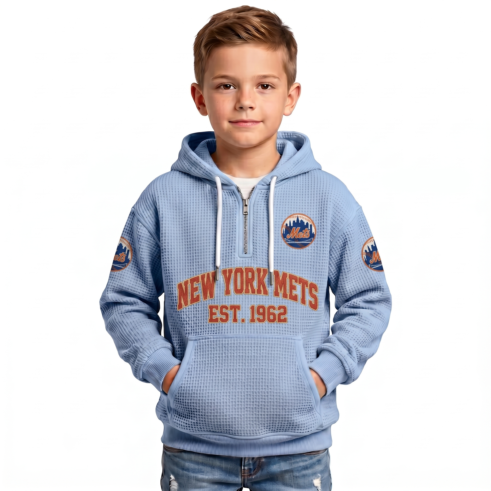 New York Mets EST 1962 Printed Waffle Quarter Zip Baseball Fan Hoodie For Kids