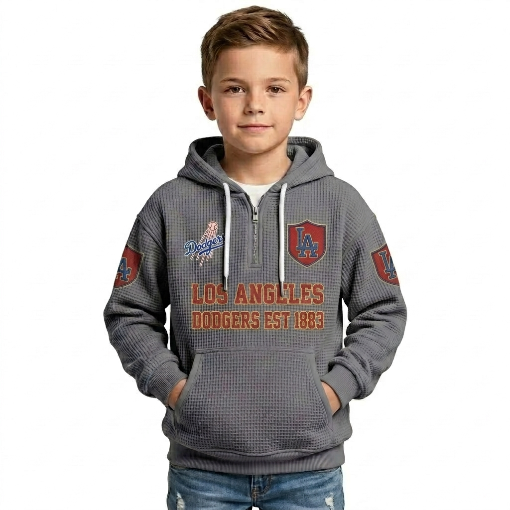 Los Angeles Dodgers EST 1883 Printed Waffle Quarter Zip Baseball Fan Hoodie For Kids
