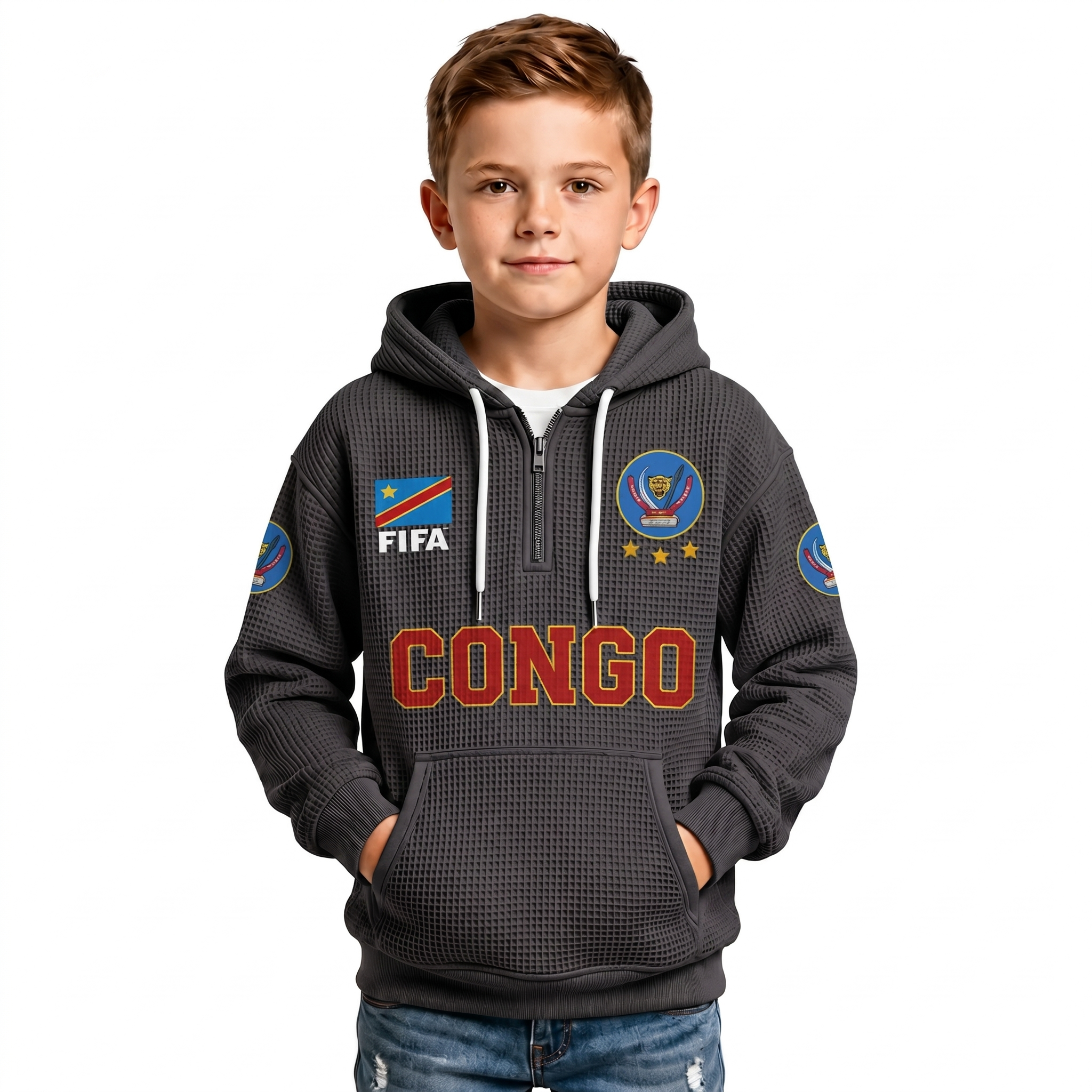 FIFA 2026 Democratic Republic Of The Congo Printed Waffle Quarter Zip Football Fan Hoodie For Kids