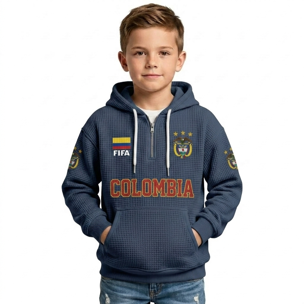 FIFA 2026 Colombia Printed Waffle Quarter Zip Football Fan Hoodie For Kids