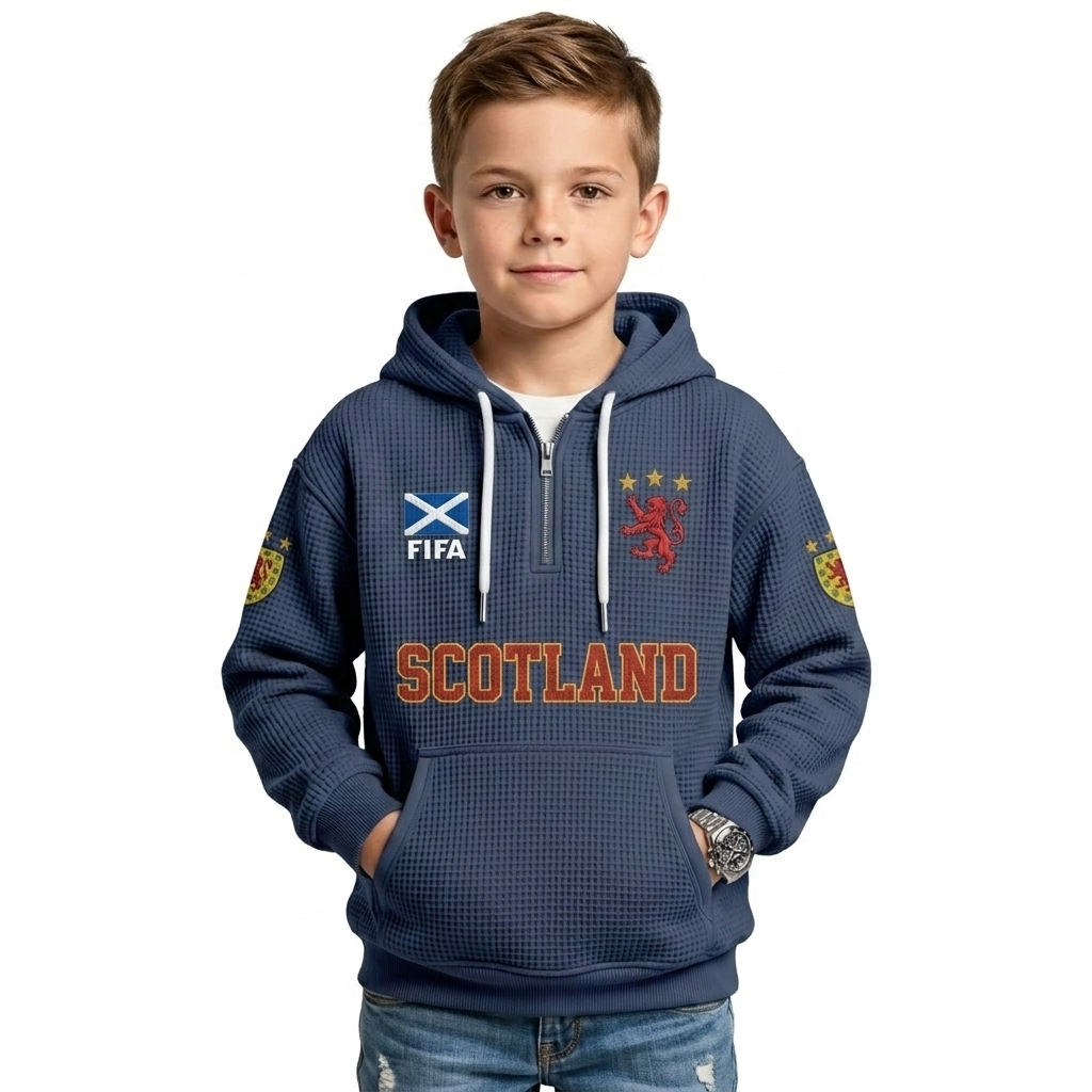FIFA 2026 Scotland Printed Waffle Quarter Zip Football Fan Hoodie For Kids