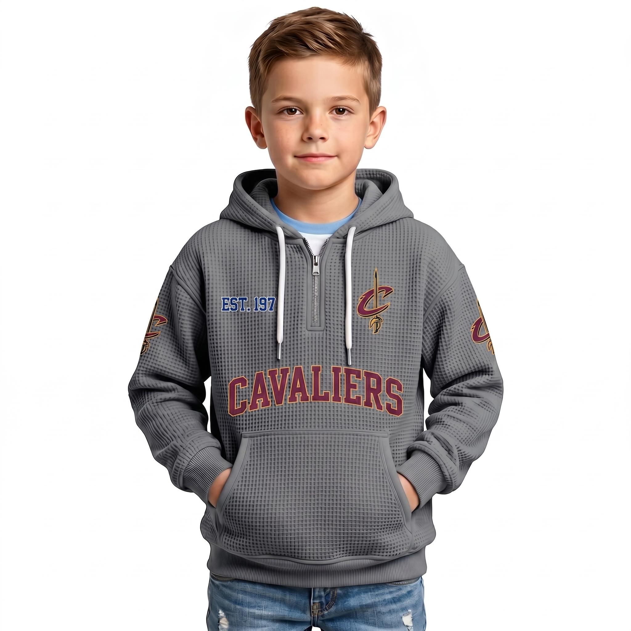 Cleveland Cavaliers EST 1970 Printed Waffle Quarter Zip Basketball Fan Hoodie For Kids