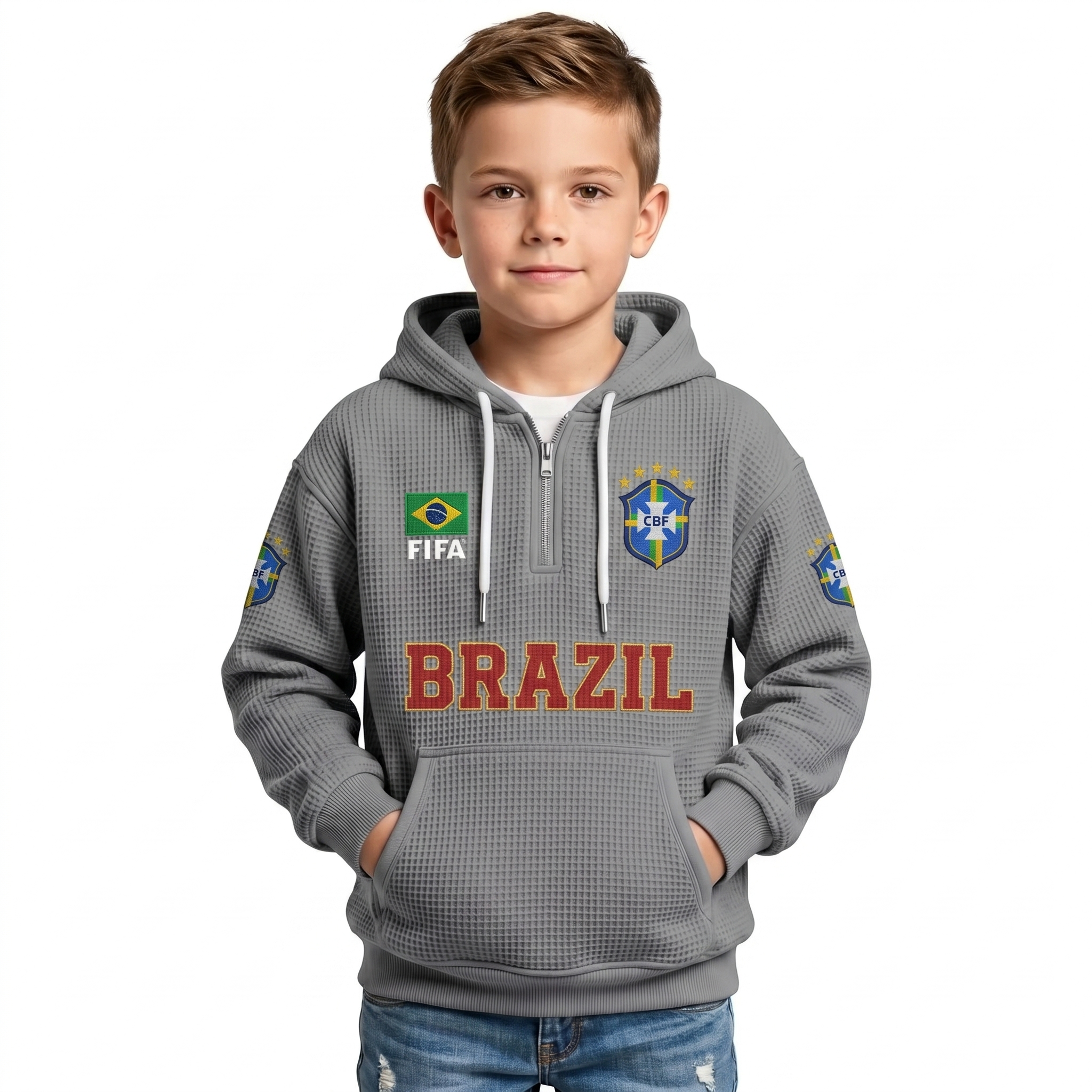 FIFA 2026 Brazil Printed Waffle Quarter Zip Football Fan Hoodie For Kids