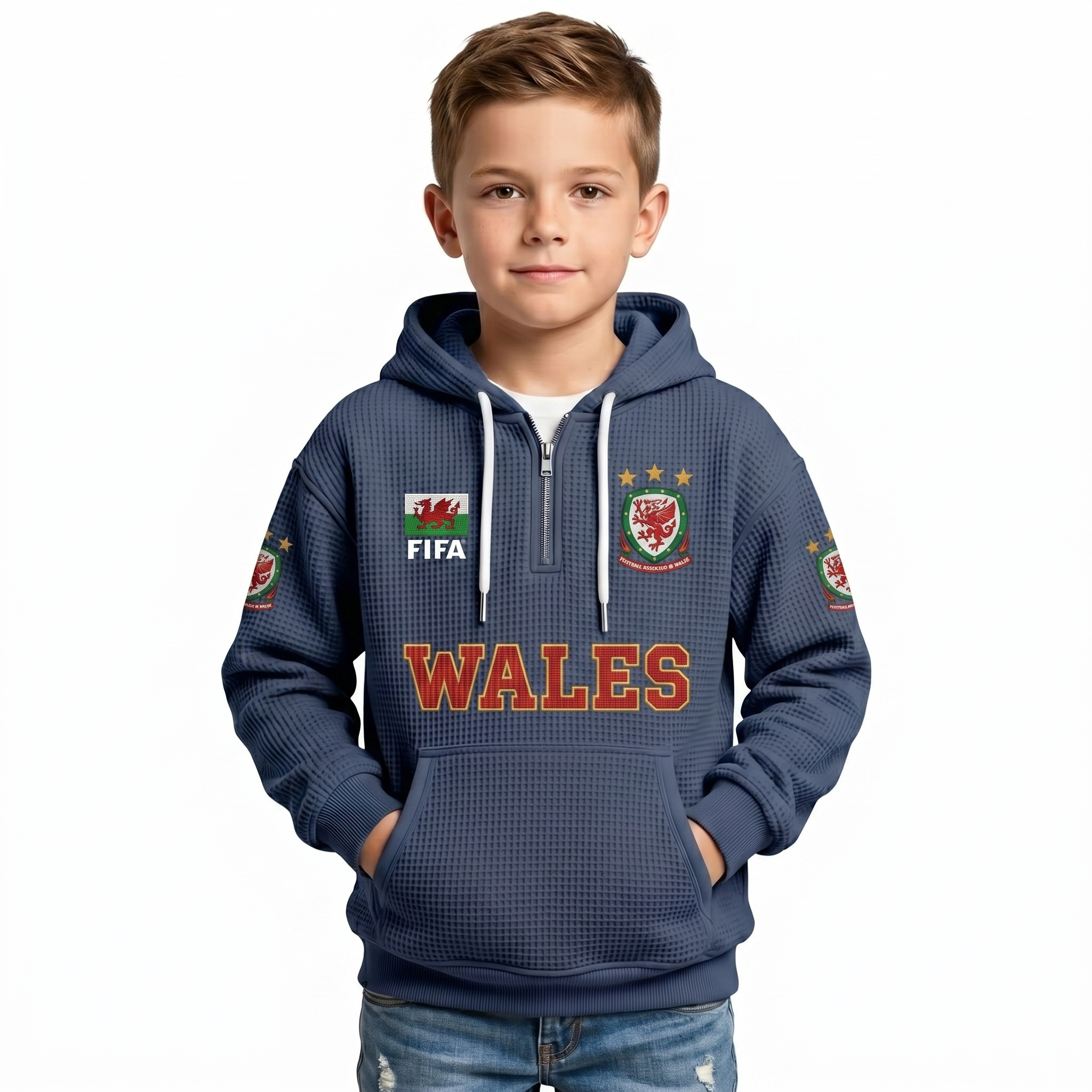 FIFA 2026 Wales Printed Waffle Quarter Zip Football Fan Hoodie For Kids