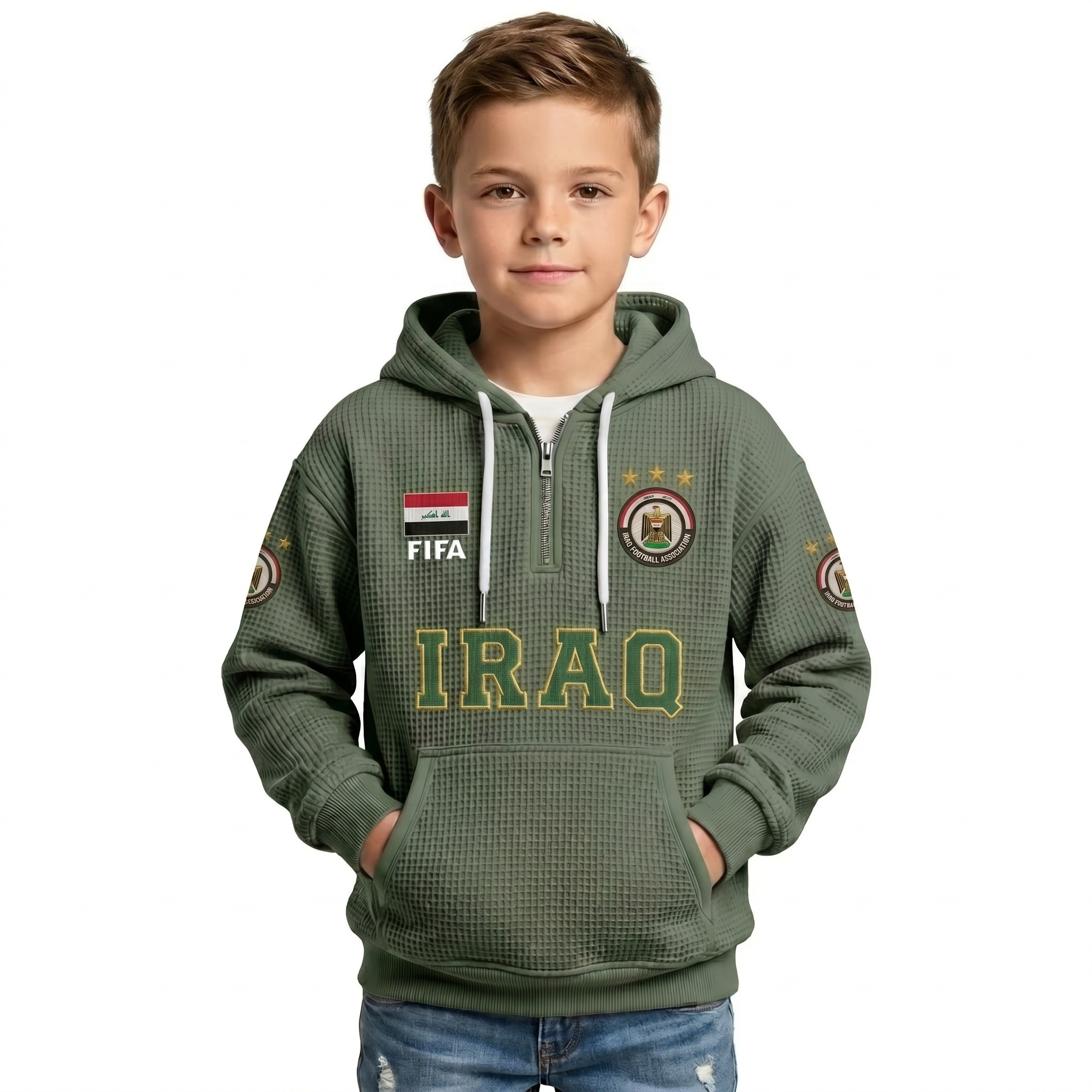 FIFA 2026 Iraq Printed Waffle Quarter Zip Football Fan Hoodie For Kids