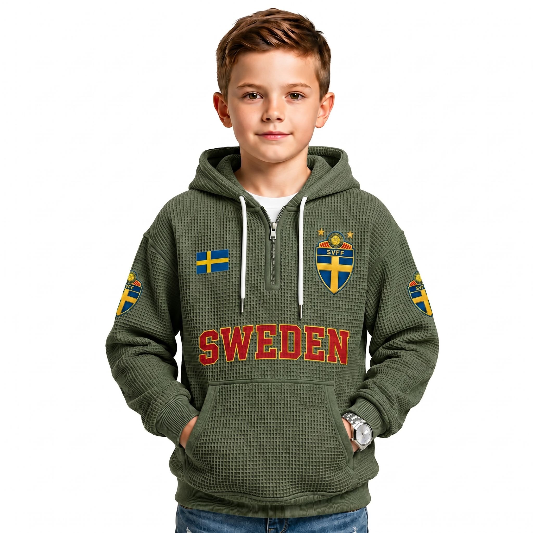Sweden Printed Waffle Quarter Zip Football Fan Hoodie For Kids
