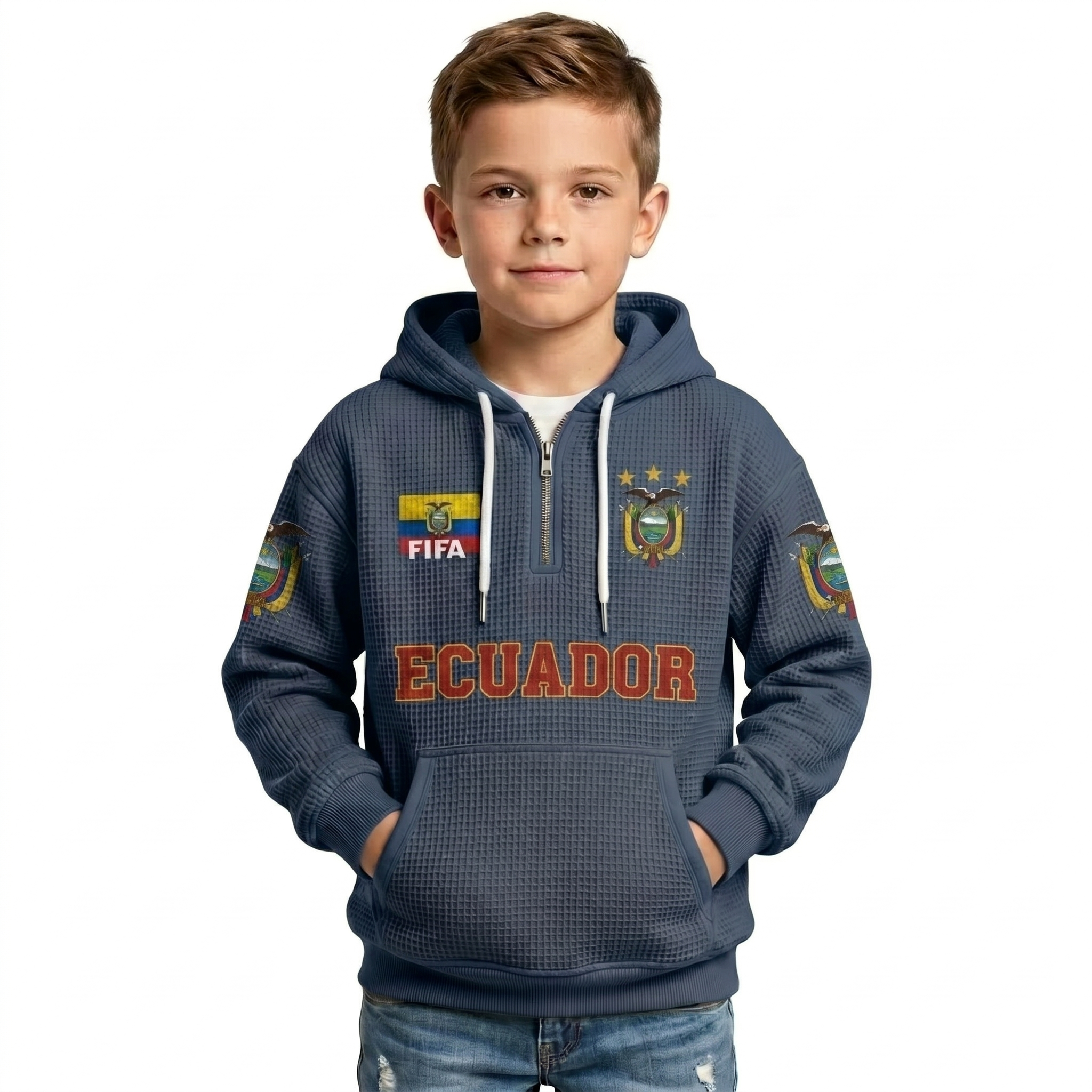 FIFA 2026 Ecuador Printed Waffle Quarter Zip Football Fan Hoodie For Kids