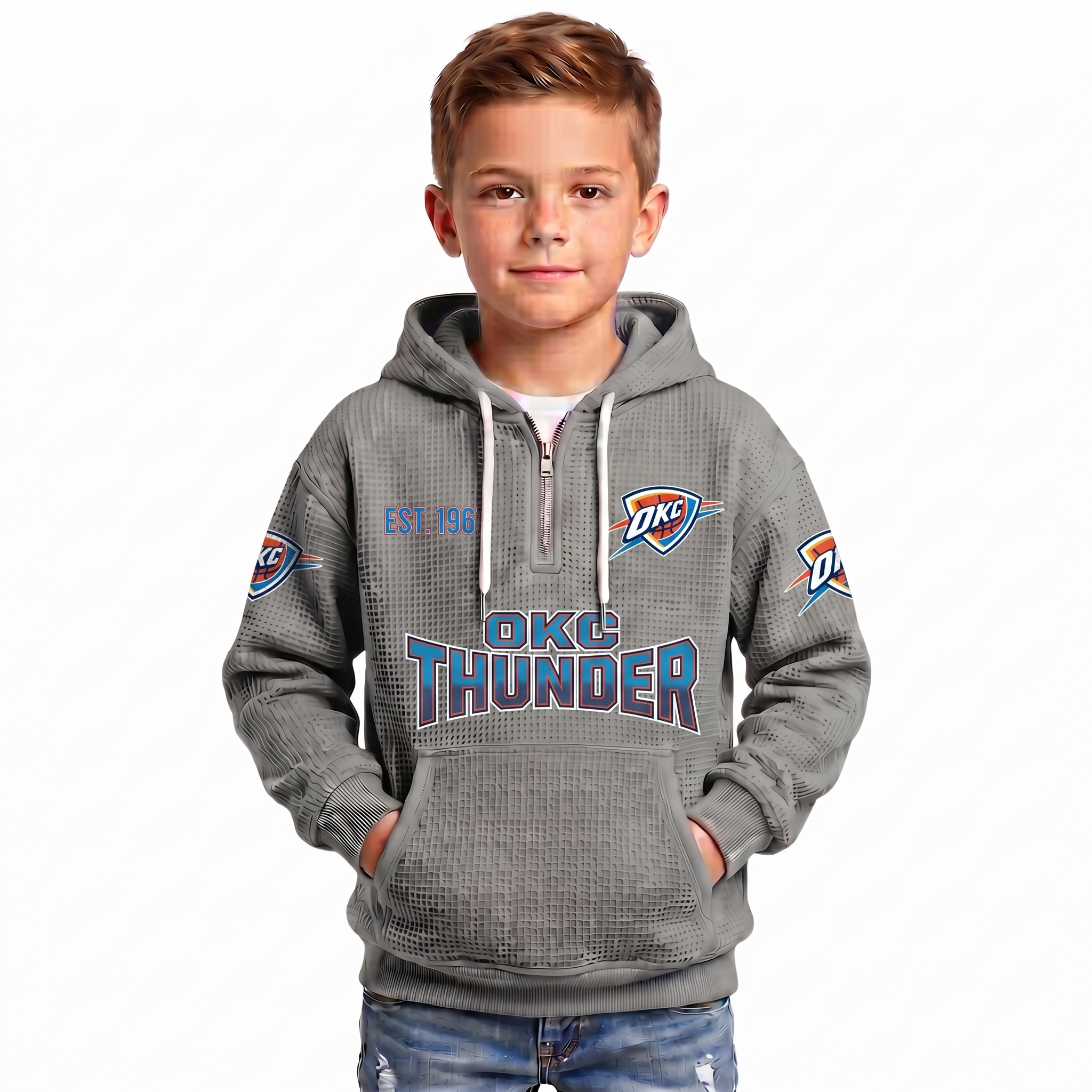 Oklahoma City Thunder EST 1967 Printed Waffle Quarter Zip Basketball Fan Hoodie For Kids