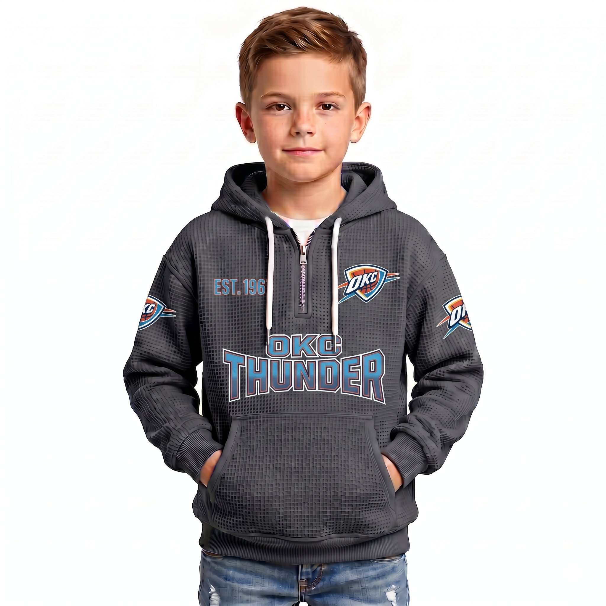 Oklahoma City Thunder EST 1967 Printed Waffle Quarter Zip Basketball Fan Hoodie For Kids