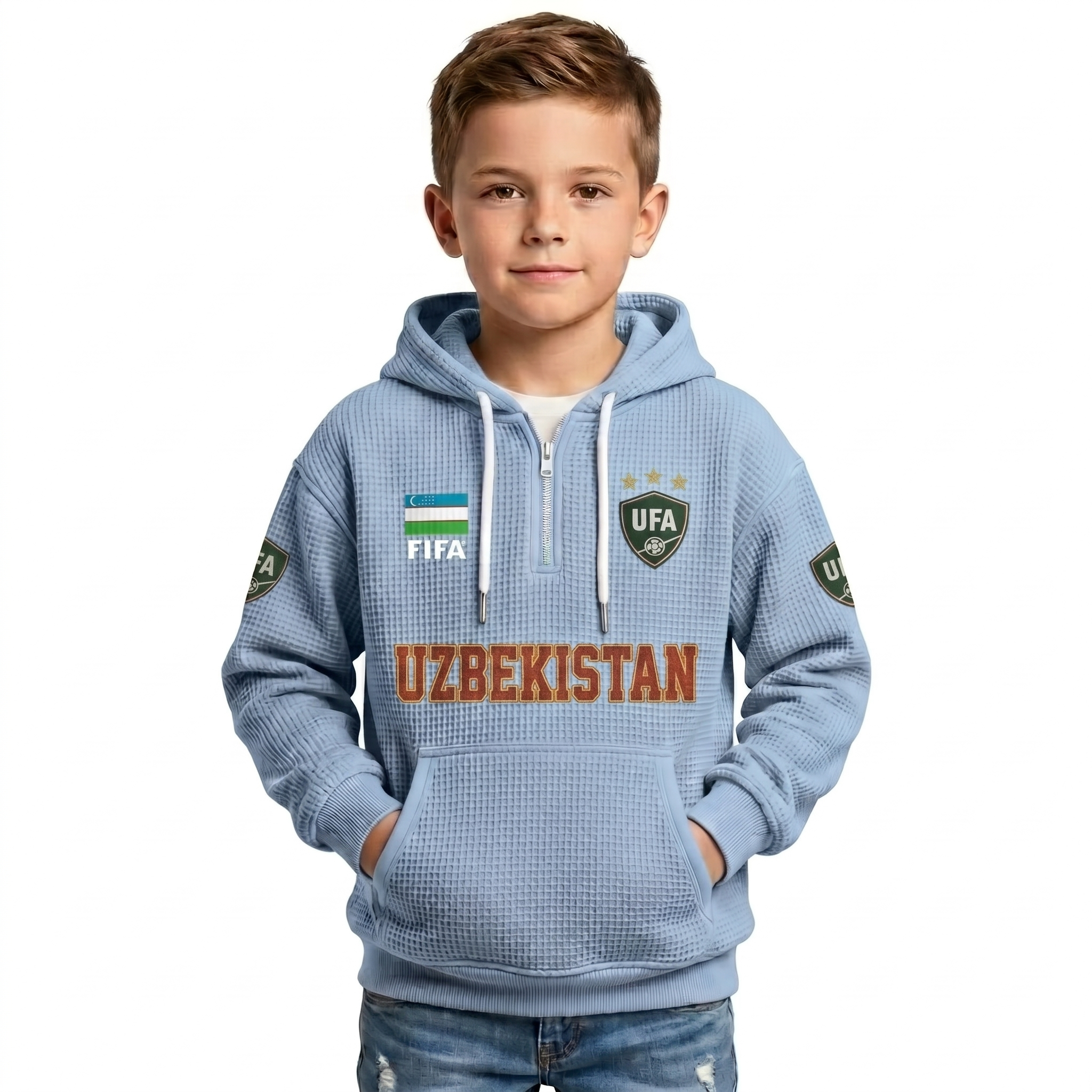 FIFA 2026 Uzbekistan Printed Waffle Quarter Zip Football Fan Hoodie For Kids