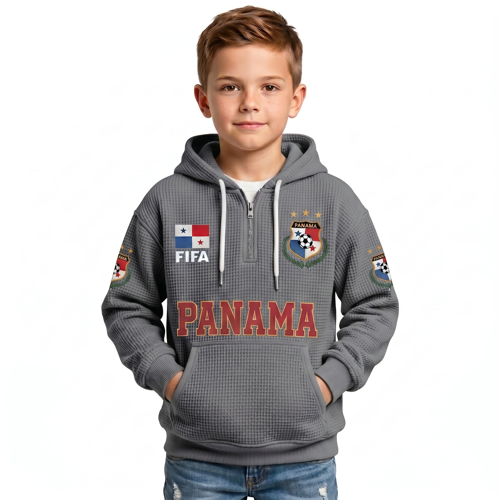 FIFA 2026 Panama Printed Waffle Quarter Zip Football Fan Hoodie For Kids