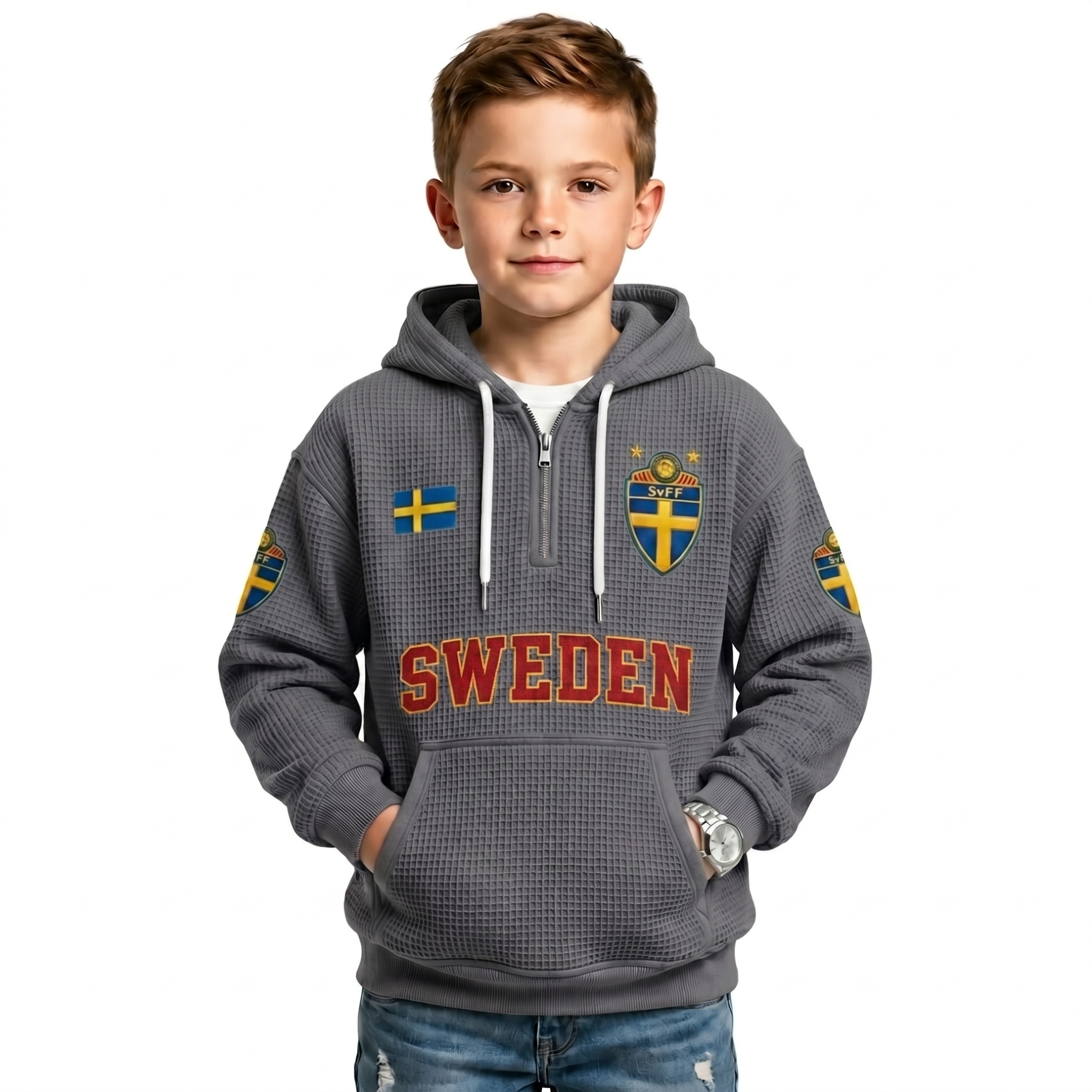 Sweden Printed Waffle Quarter Zip Football Fan Hoodie For Kids