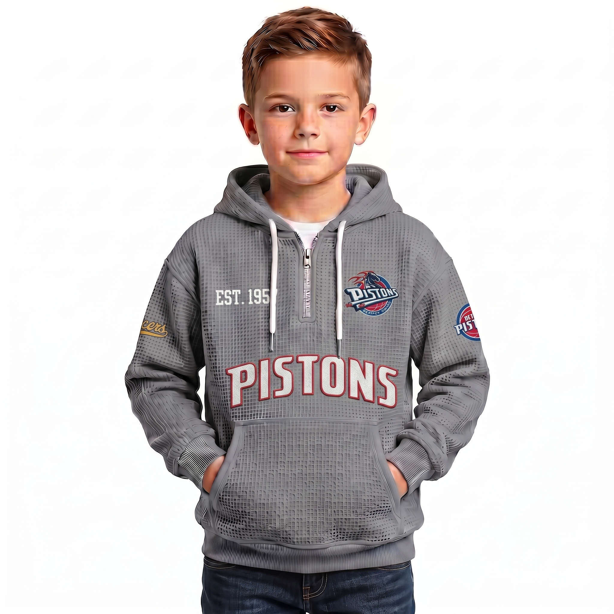Detroit Pistons EST 1957 Printed Waffle Quarter Zip Basketball Fan Hoodie For Kids
