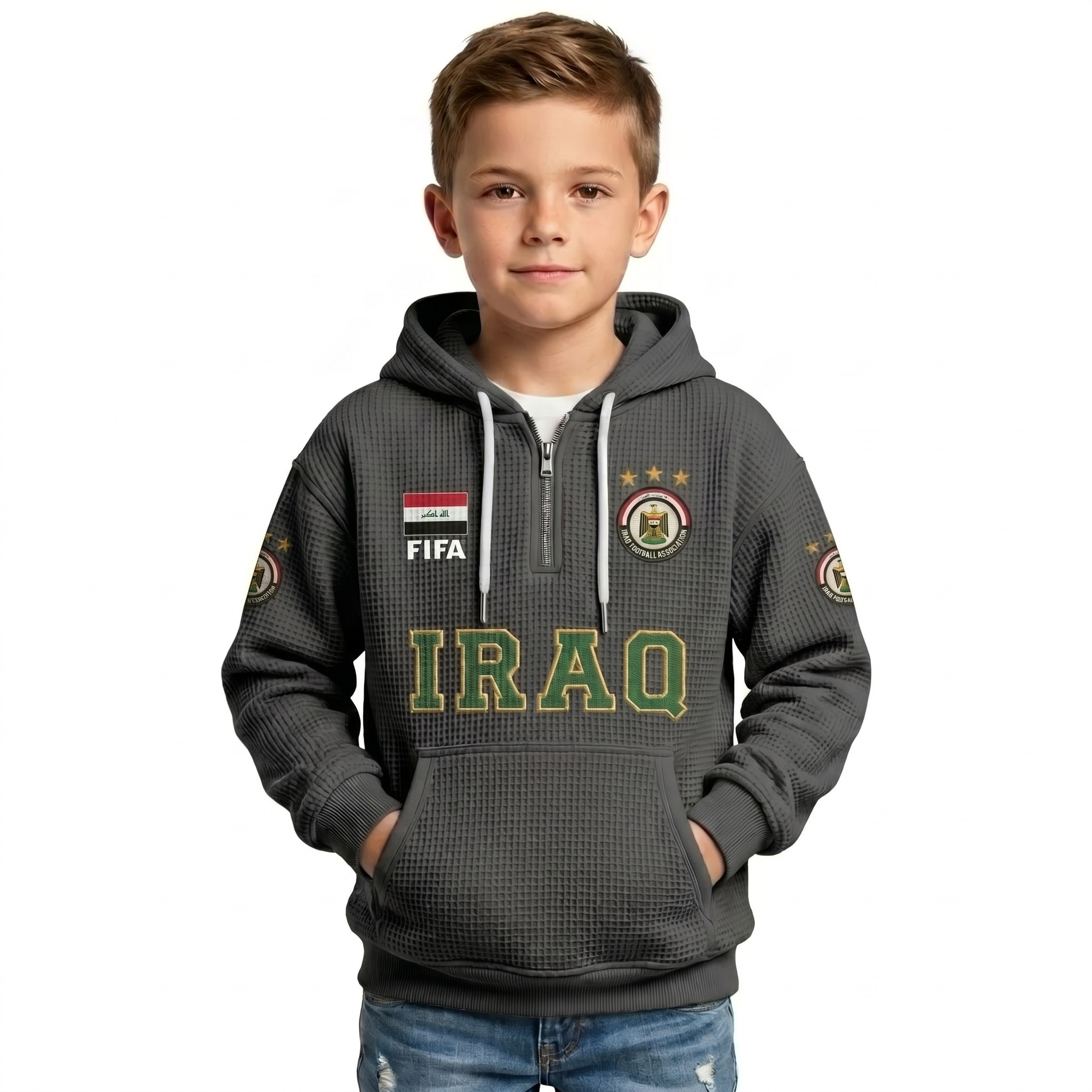 FIFA 2026 Iraq Printed Waffle Quarter Zip Football Fan Hoodie For Kids