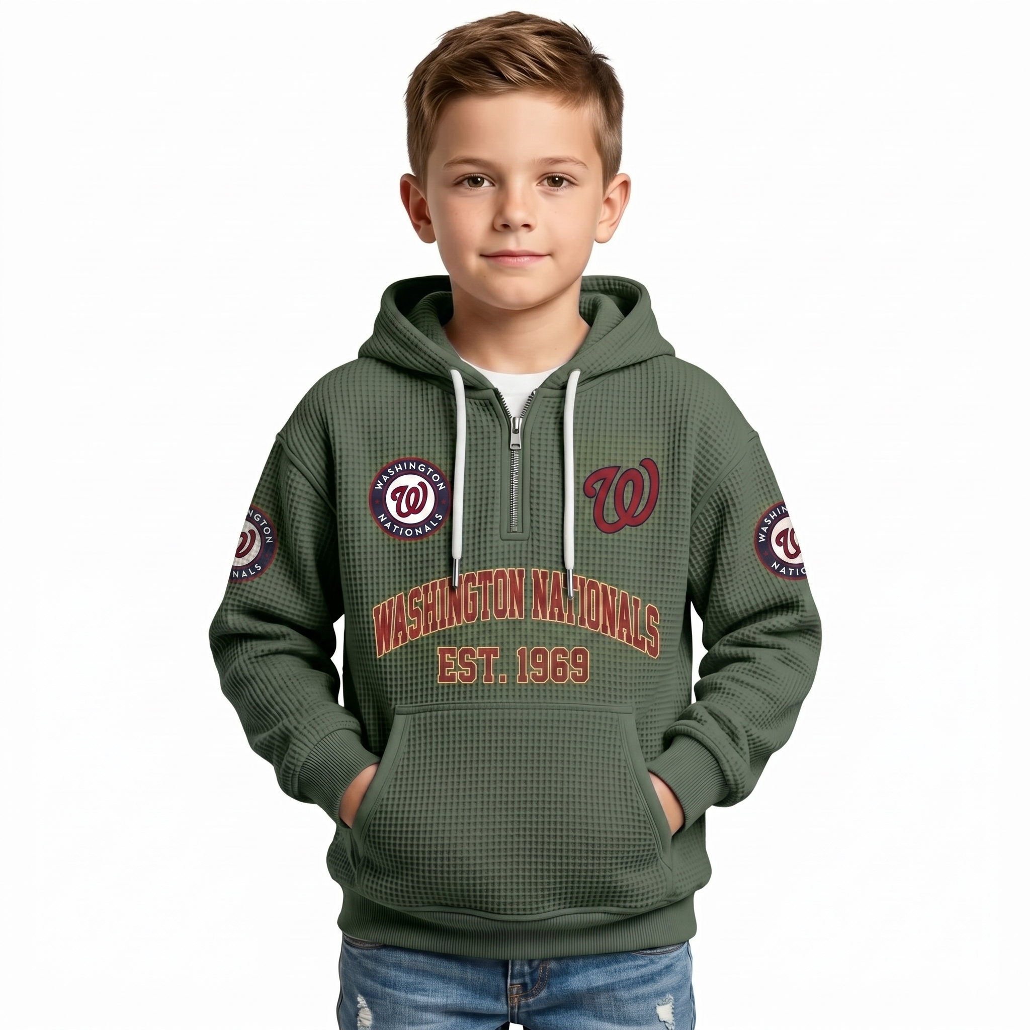 Washington Nationals EST 1969 Printed Waffle Quarter Zip Baseball Fan Hoodie For Kids