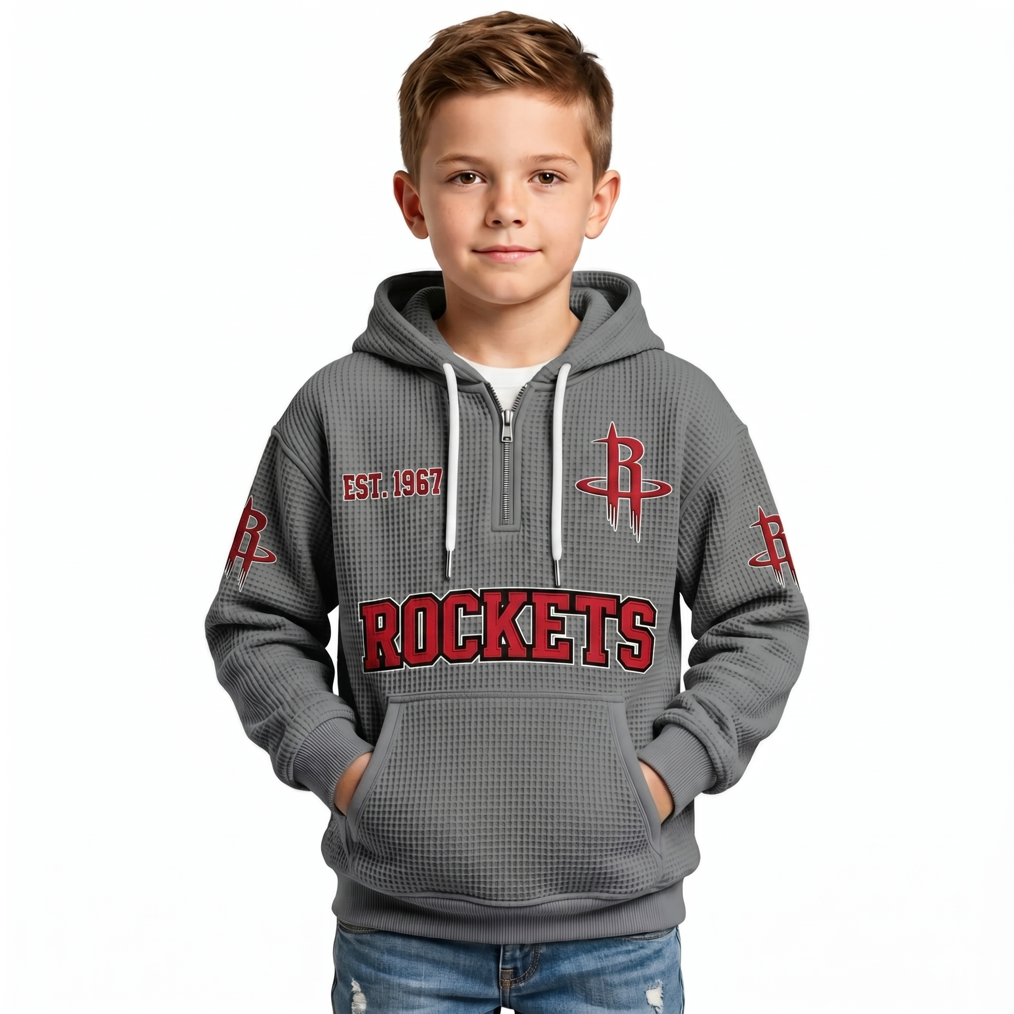 Houston Rockets EST 1967 Printed Waffle Quarter Zip Basketball Fan Hoodie For Kids