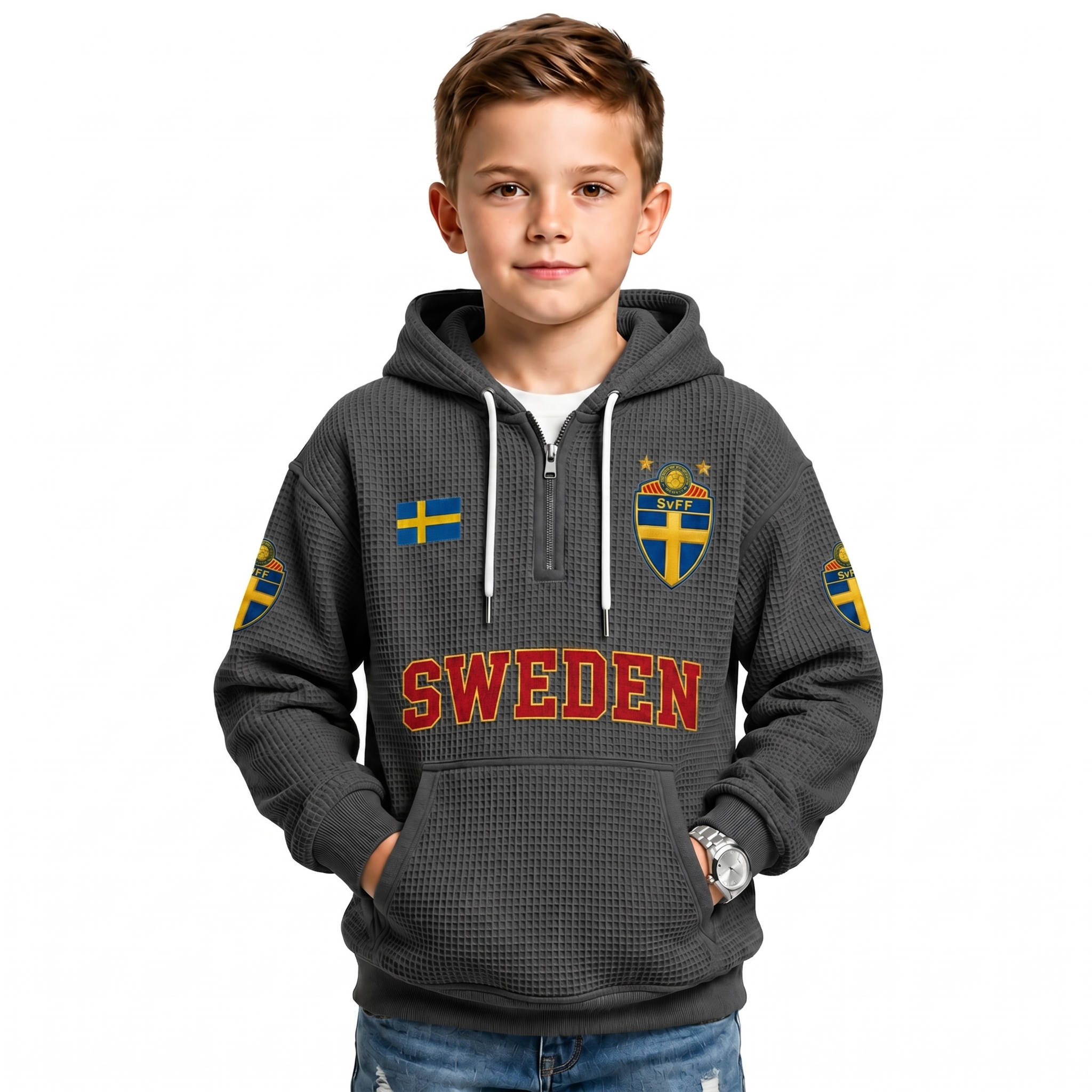 Sweden Printed Waffle Quarter Zip Football Fan Hoodie For Kids