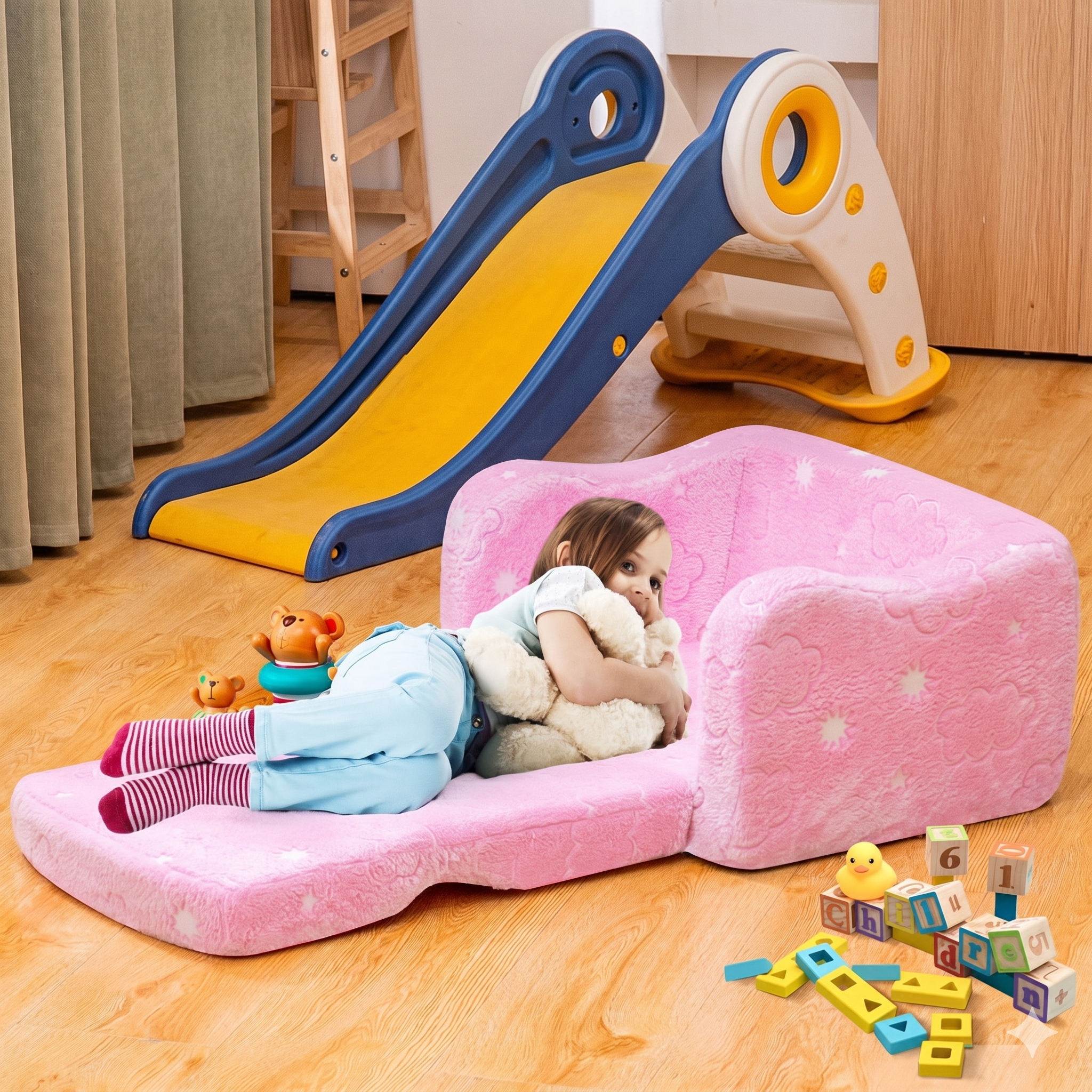 Convertible Sofa Bed With Soft Memory Foam Cushion For Kids