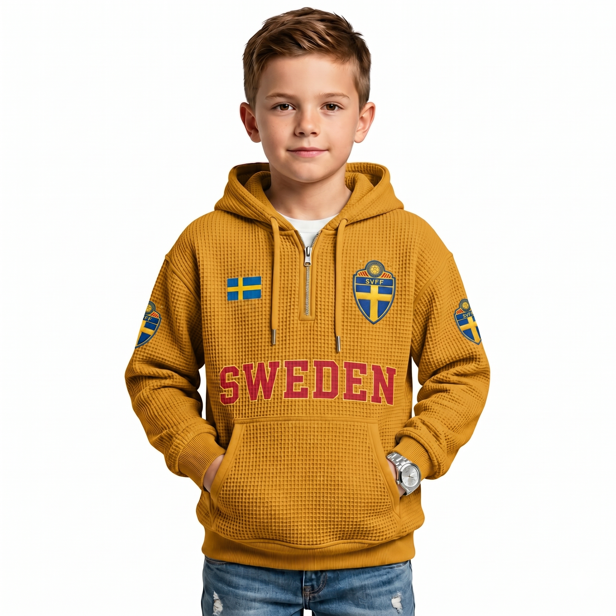Sweden Printed Waffle Quarter Zip Football Fan Hoodie For Kids