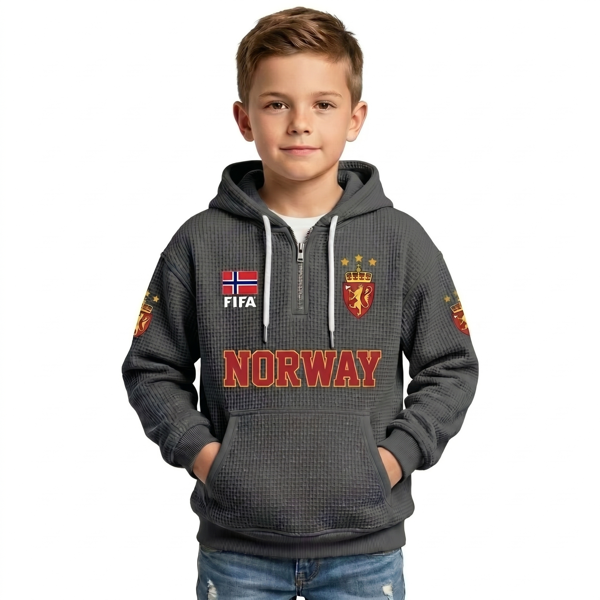 FIFA 2026 Norway Printed Waffle Quarter Zip Football Fan Hoodie For Kids