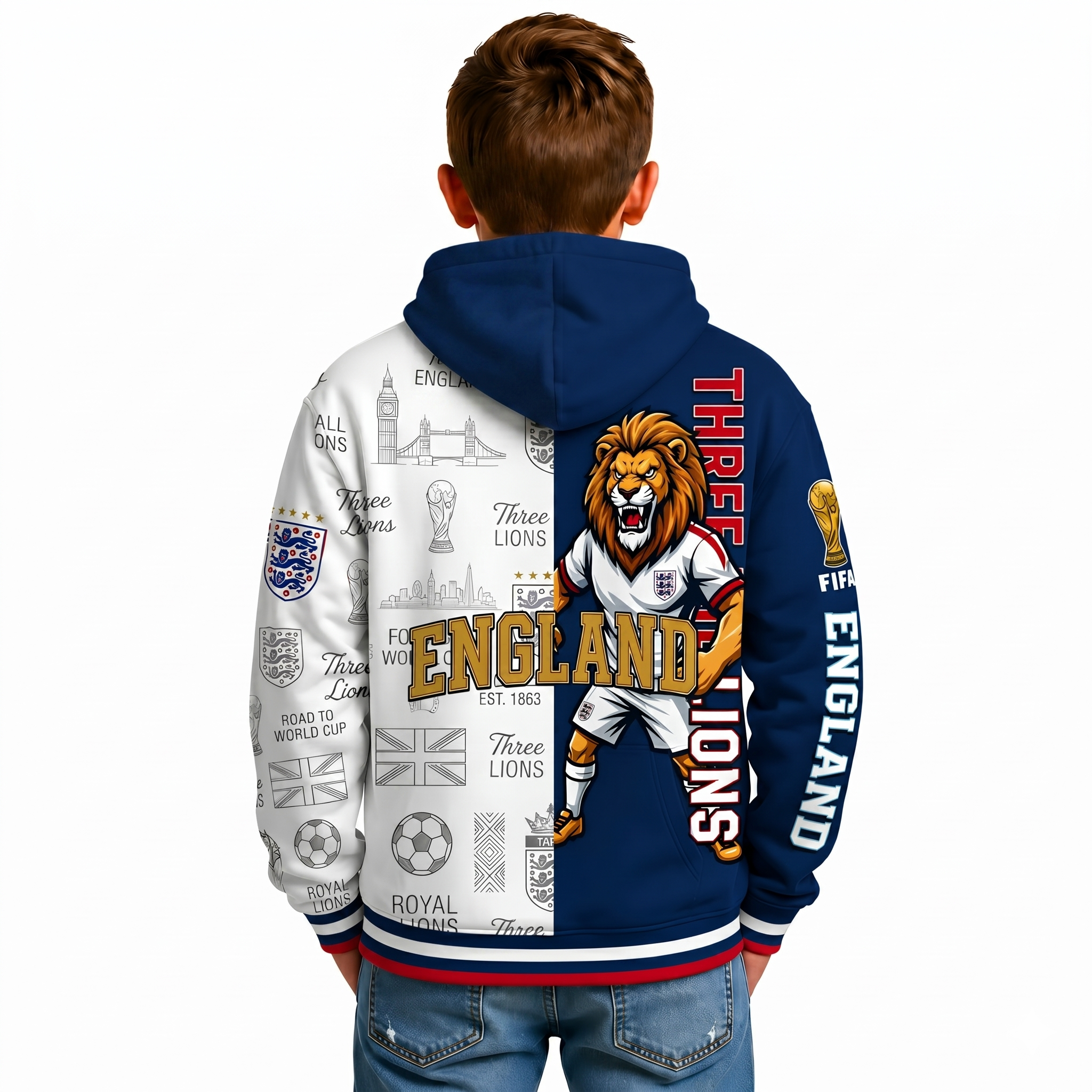 FIFA 2026 England Football Themed All Over Printed Hoodie For Kids