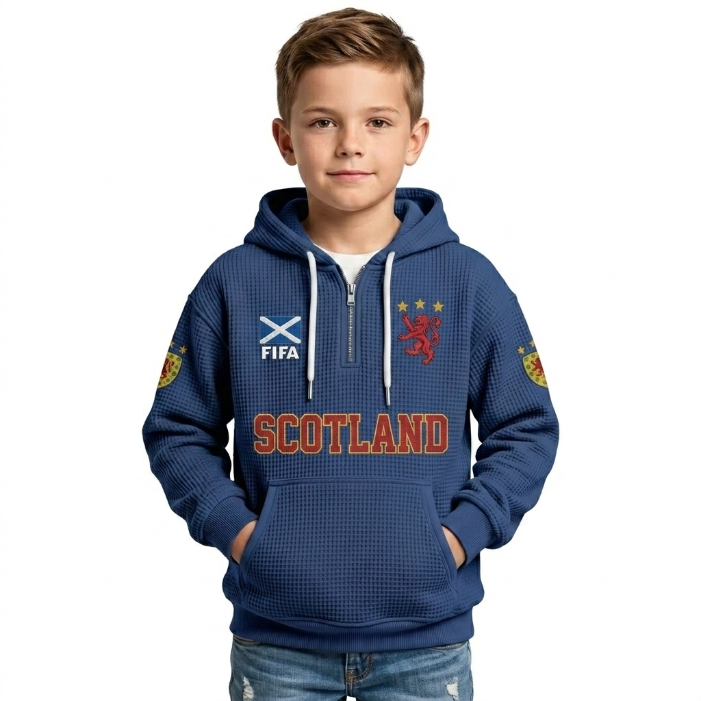 FIFA 2026 Scotland Printed Waffle Quarter Zip Football Fan Hoodie For Kids