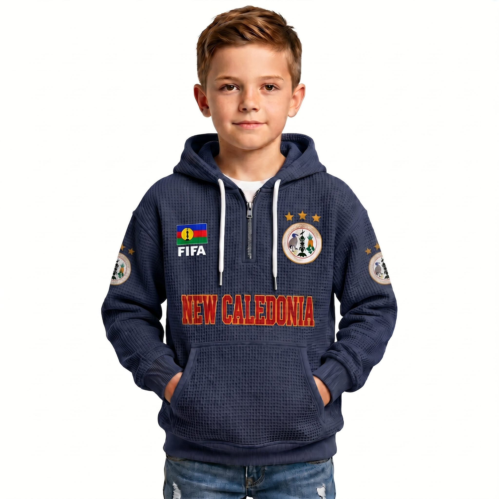 FIFA 2026 Caledonia Printed Waffle Quarter Zip Football Fan Hoodie For Kids