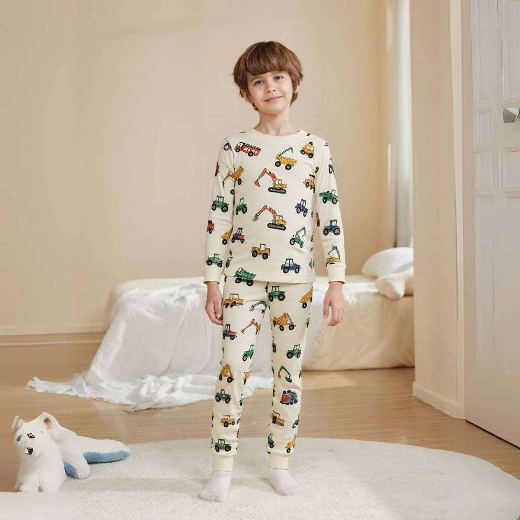 Long Sleeve Vehicle Pajamas – Construction & Fire Truck Print Set