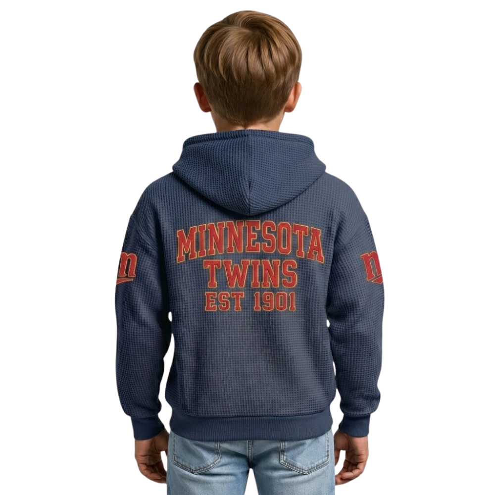 Minnesota Twins EST 1901 Printed Waffle Quarter Zip Baseball Fan Hoodie For Kids