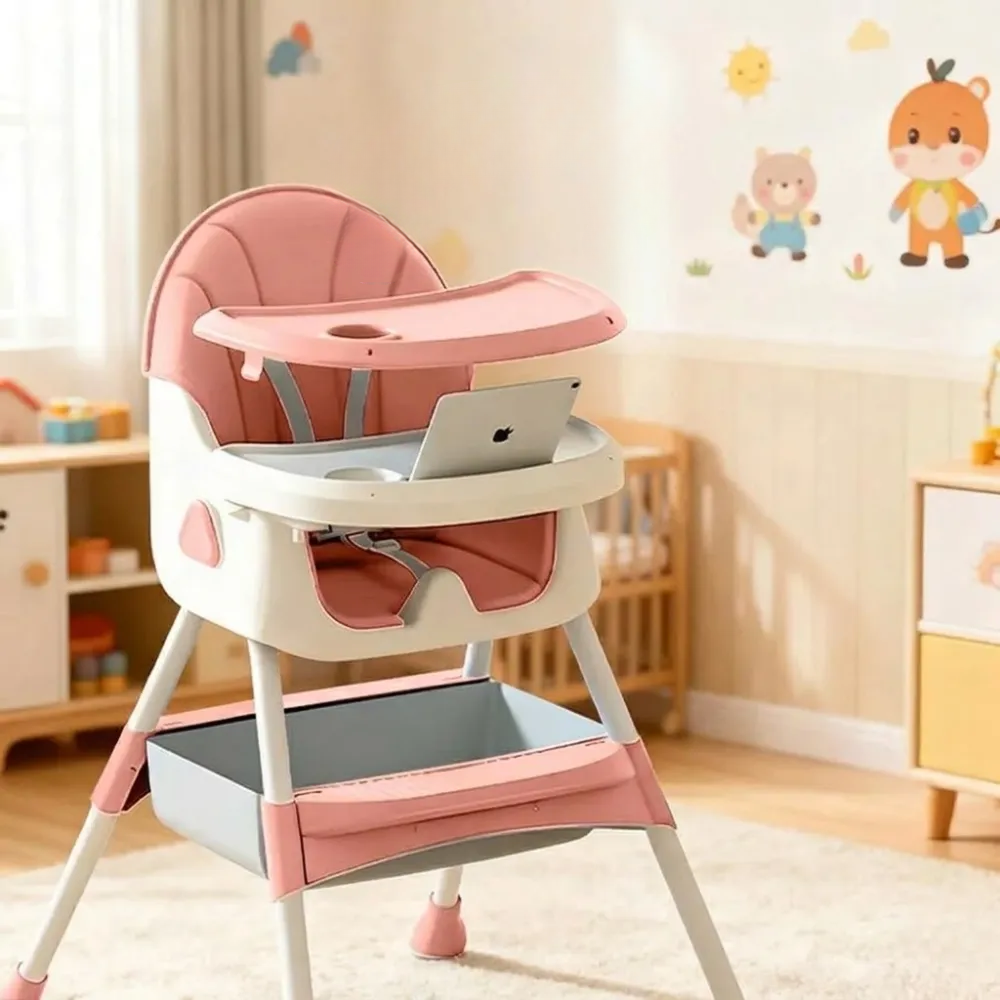 Foldable Adjustable Recline Footrest High Chair With Double Tray And Locking Wheels Gift For Kids