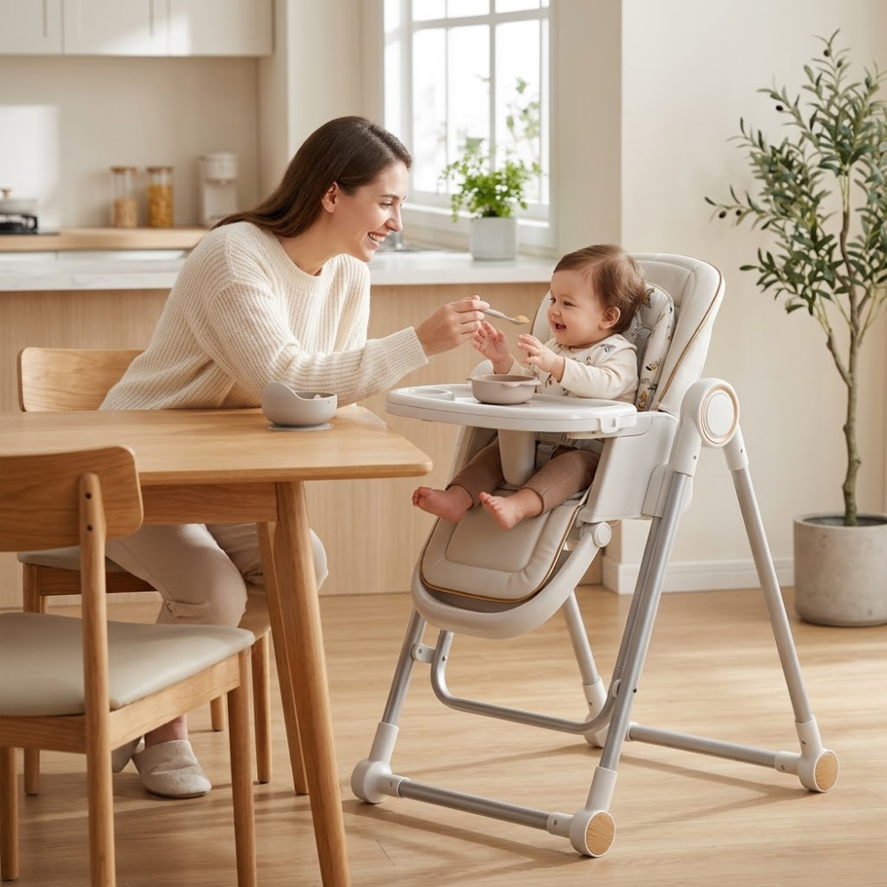 Chiquerid Baby High Chair Foldable High Chair Adjustable 2 In 1 High Chair Swing Chair With 4 Locking Wheels Double Tray