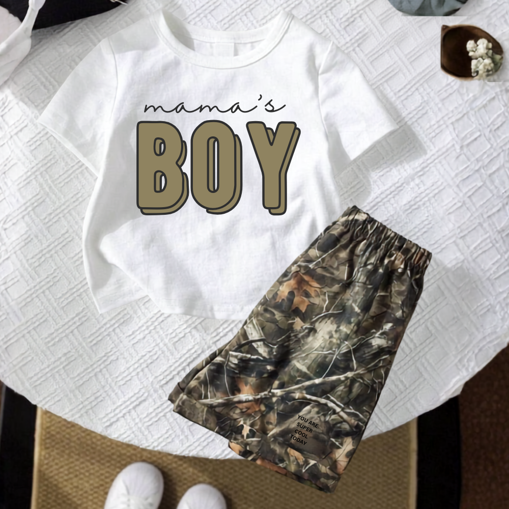 Two Piece Short Sleeve Slogan T Shirt And Camo Shorts Set For Babies