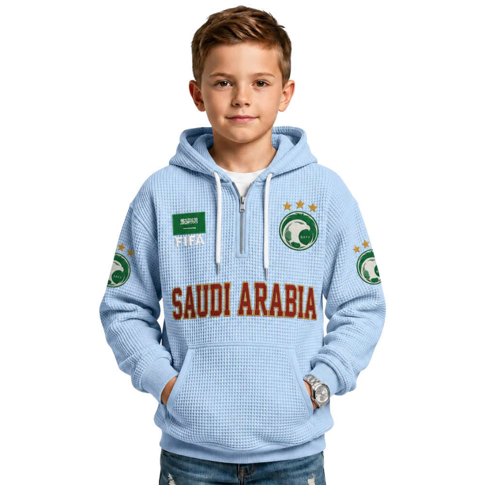 FIFA 2026 Saudi Arabia Printed Waffle Quarter Zip Football Fan Hoodie For Kids