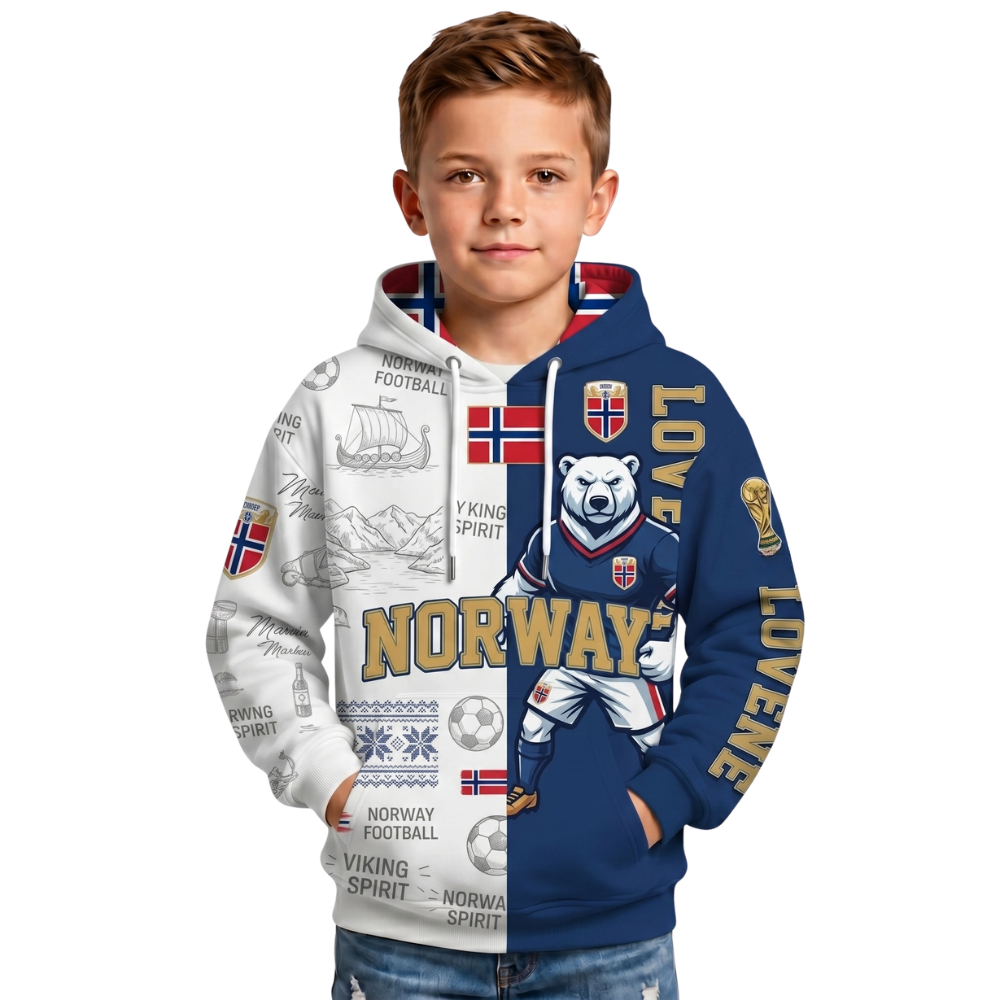 Norway Football Themed All Over Printed Hoodie For Kids