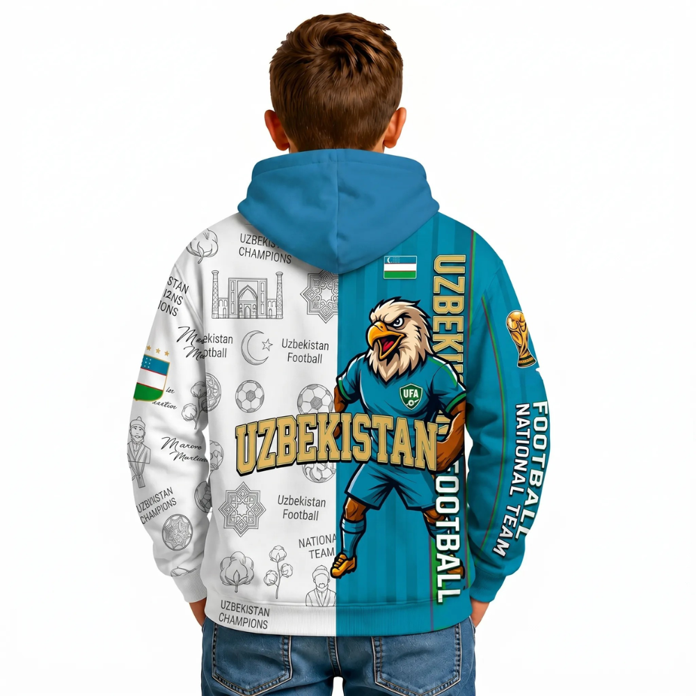 Uzbekistan Football Themed All Over Printed Hoodie For Kids