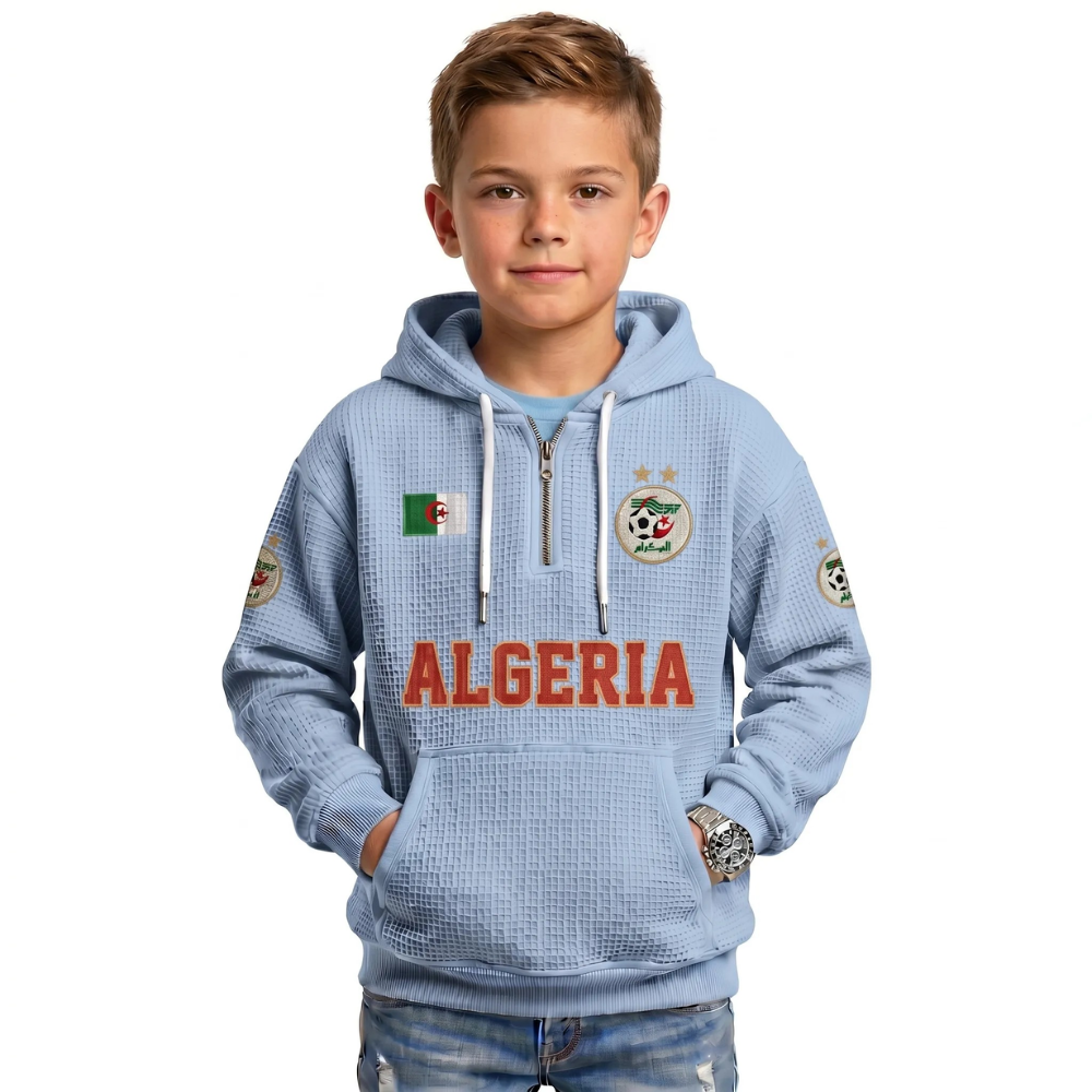 Algeria Printed Waffle Quarter Zip Football Fan Hoodie For Kids