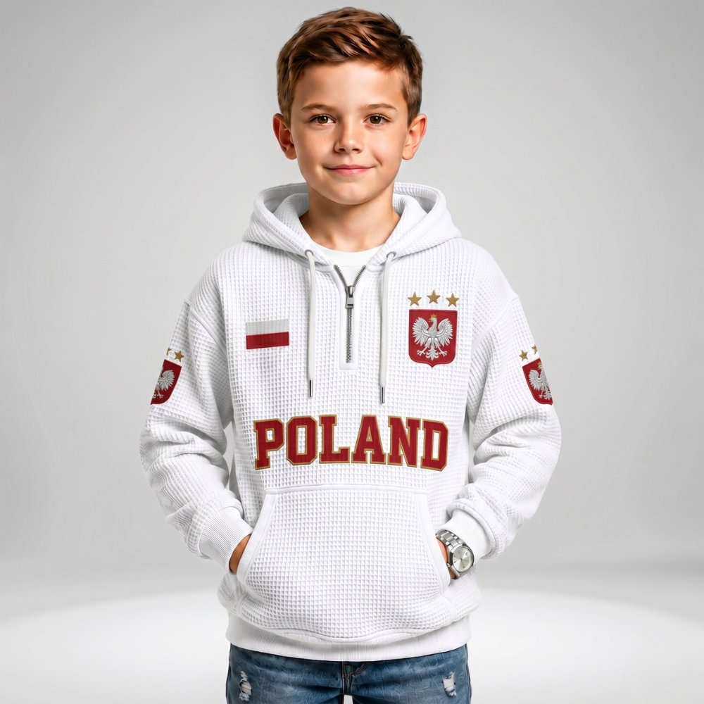 Poland Printed Waffle Quarter Zip Football Fan Hoodie For Kids