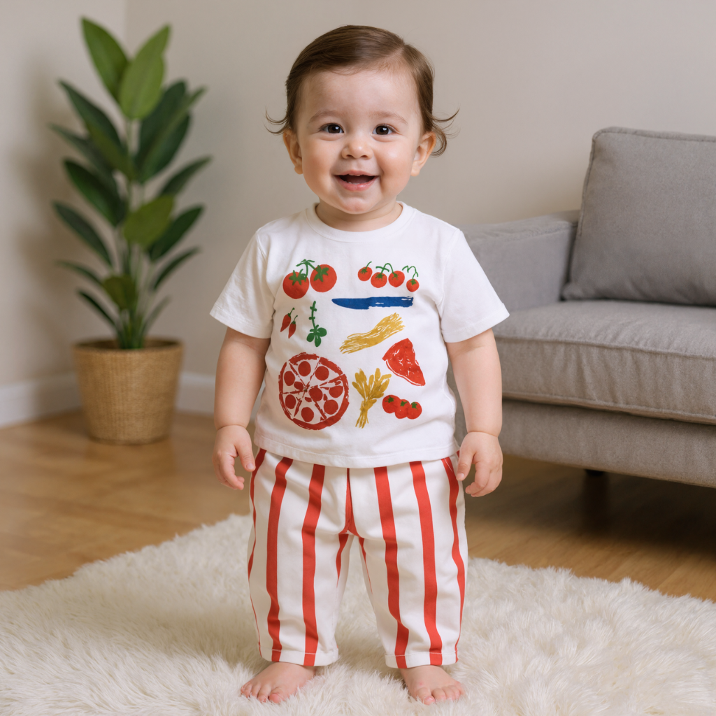 Baby Pizza Tomato Red Vertical Striped 2 Piece Set