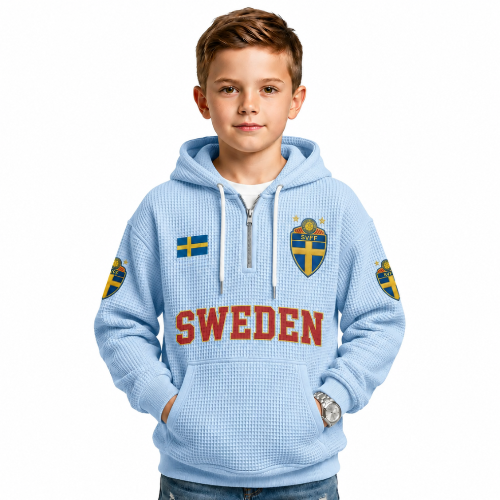 Sweden Printed Waffle Quarter Zip Football Fan Hoodie For Kids