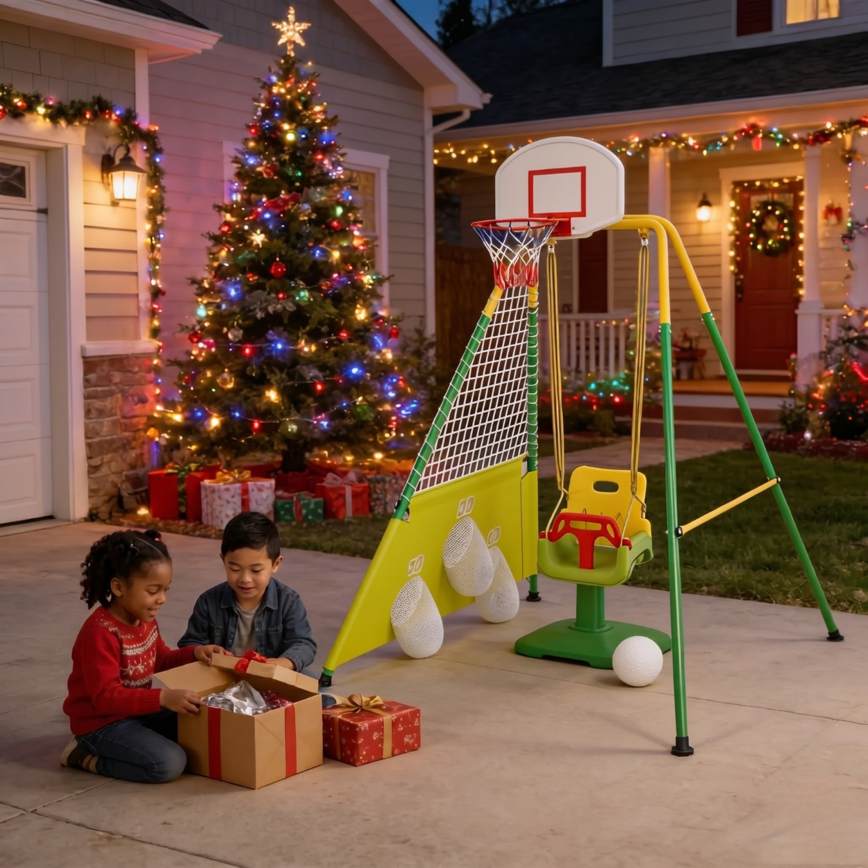 Three In One Toddler Swing Set Basketball Hoop Soccer Goals Foldable Metal Stand For Kids