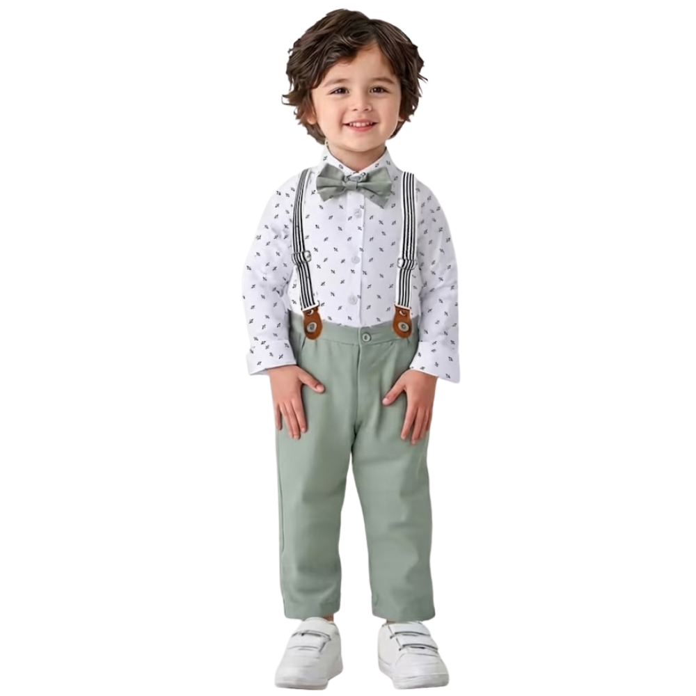 Long Sleeve Random Print Shirt With Bow And Trousers For Boys