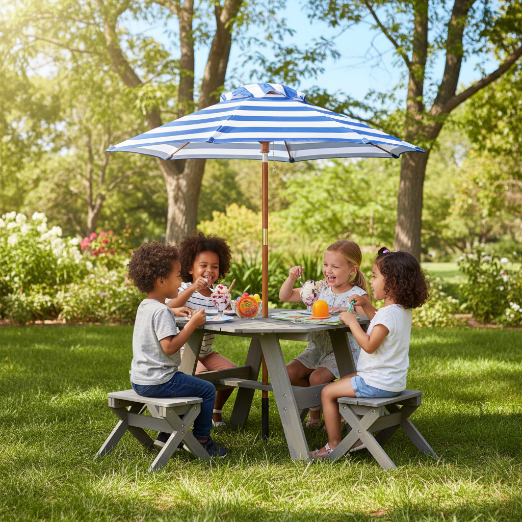 Kids Wooden Table Set Octagon 4 Stools Removable Adjustable Umbrella