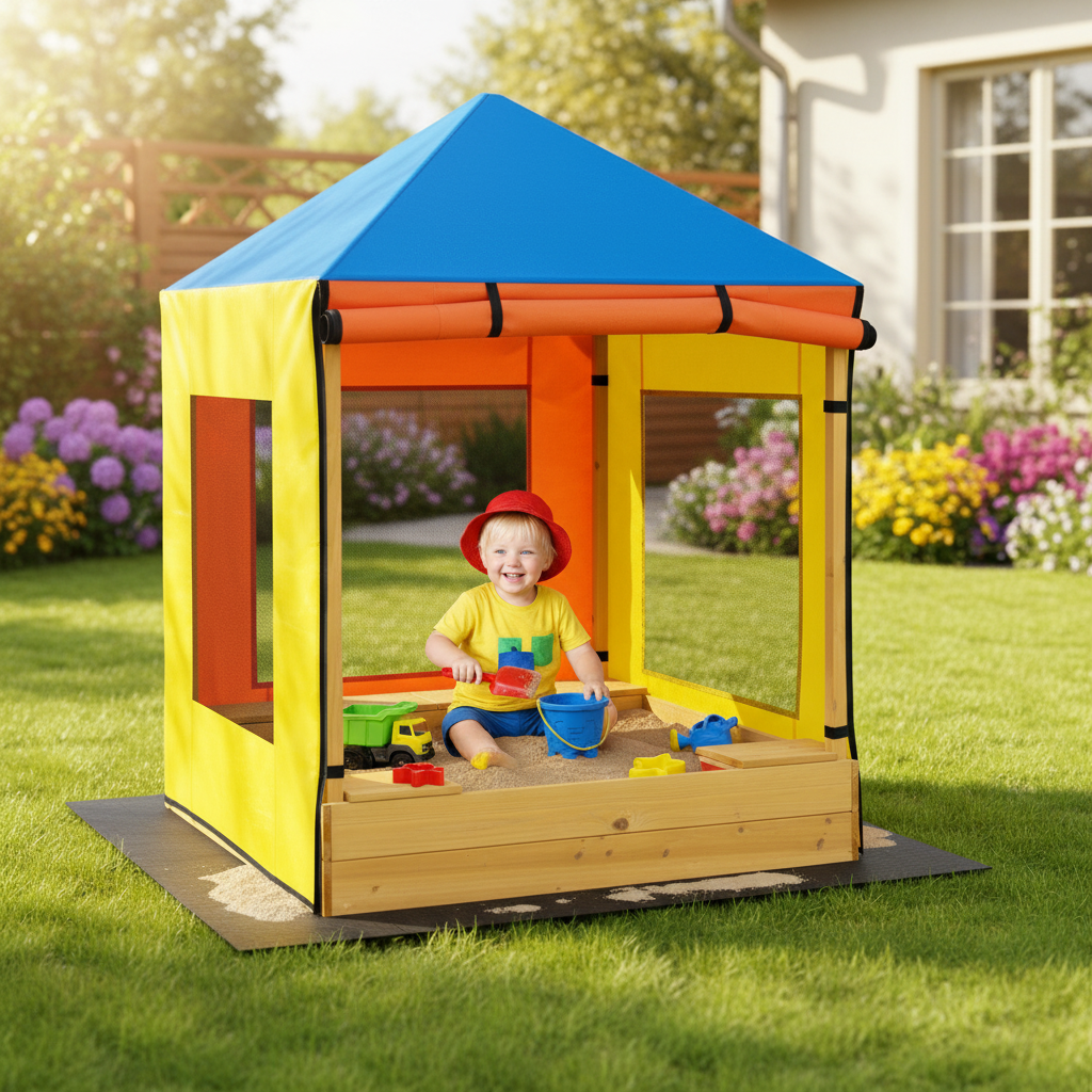 Kids Wooden Sandbox W Canopy Sand Pit Windows Curtains Bench